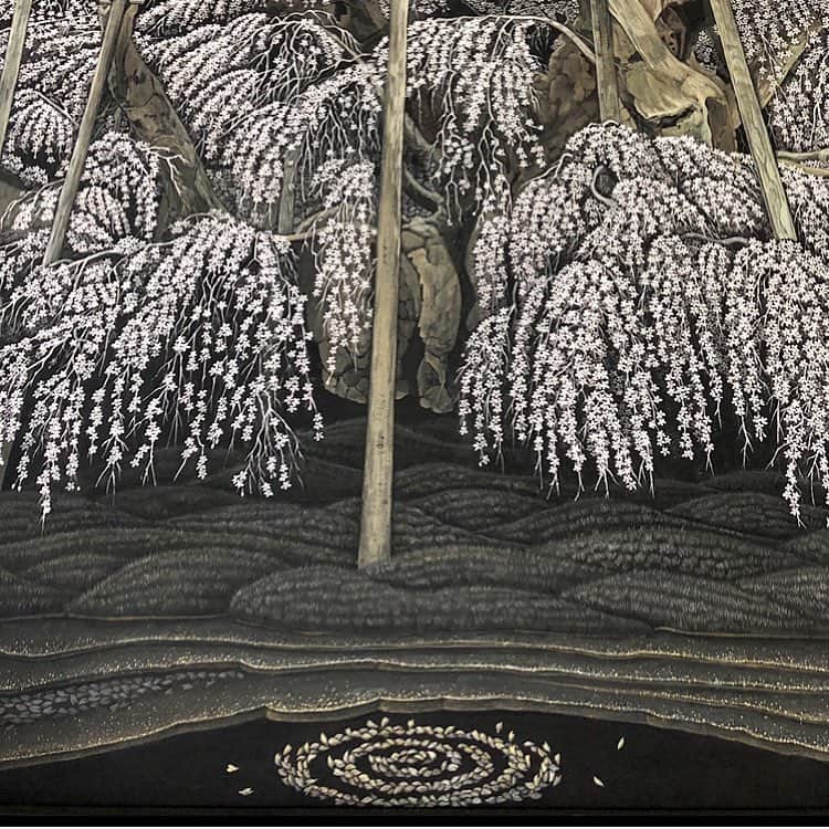 榊山敬代のインスタグラム：「🌸 … ・ きょうは。 春分の日 。  自然をたたえ。 生物をいつくしむ日。  種から芽吹き。 花を咲かせて。  やがて散りゆきて。  自然のいのちは。 みんなひとしく。 与えられました。  今回この桜を描きながら。 いのちのまぶしさへ。 ときどき。泣きたくなりながら。  桜の花びらを。 いちまい。いちまい。 描き記すのでした。  画像は。 ［死の世界］  散り落ちた花びらの渦は。  地球の星で燃えつくした いのちの証しを表すとともに 宇宙の銀河へと還る世界を表しています ・ ・ ・ ・ ・ 🌸" 作品展示情報… ・ 『第7回 郷さくら美術館 桜花賞展』 … 会場：郷さくら美術館 ・ 「郷さくら美術館　桜花賞」展は、「桜」を描いた現代日本画を多くの方々にご覧頂き、日本画の素晴らしさを再発見してもらうことを目的とした展覧会です。今回もこれからの活躍がますます期待される日本画家31名が、日本美術でおなじみの「桜」という大変難しいモチーフを相手に、それぞれの持ち昧を生かした個性的な素晴らしい桜の絵画に仕上げています。現代日本画家たちの個性を、豊かな桜花の美しさを、どうぞお楽しみください。  東京都目黒区上目黒1-7-13　 TEL：03-3496-1771  東急東横線、東京メトロ日比谷線 中目黒駅より徒歩５分 ◼︎詳しくはホームページをご覧ください … ・ ・  #🌸 #さくら #桜 #CherryBlossoms #Fukushima #中目黒 #nakameguro #郷さくら美術館 #sakura  #東京 #美術館 #tokyo #museum #日本画家 #作品 #絵画 #日本画 #SAKAKiYAMATAKAYO #アート #art #painting  #お花見 #お花見スポット#人生 #命  #space」