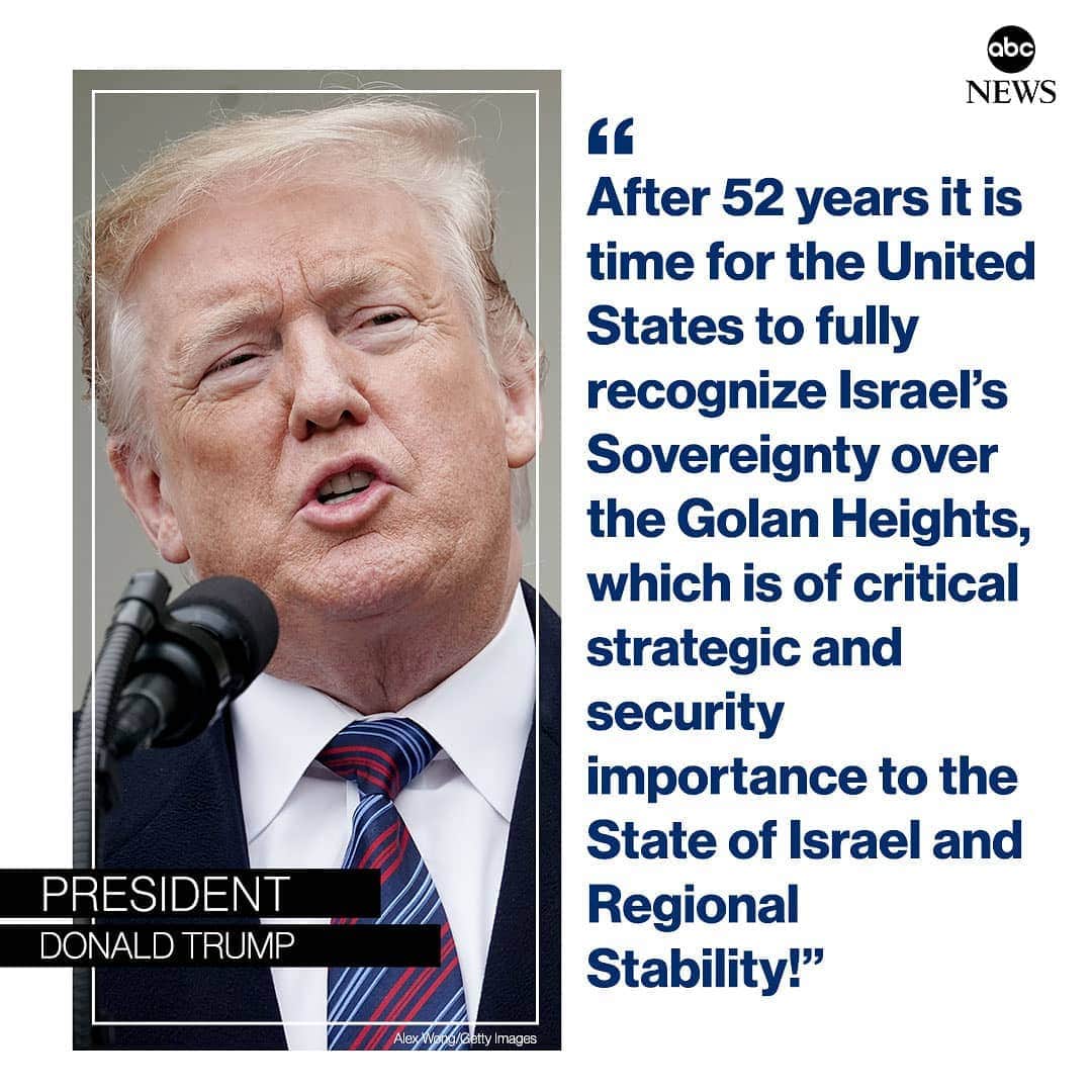 ABC Newsさんのインスタグラム写真 - (ABC NewsInstagram)「JUST IN: Pres. Trump announces the U.S. will recognize Israeli sovereignty over the Golan Heights. #donaldtrump #israel #golanheights」3月22日 2時27分 - abcnews