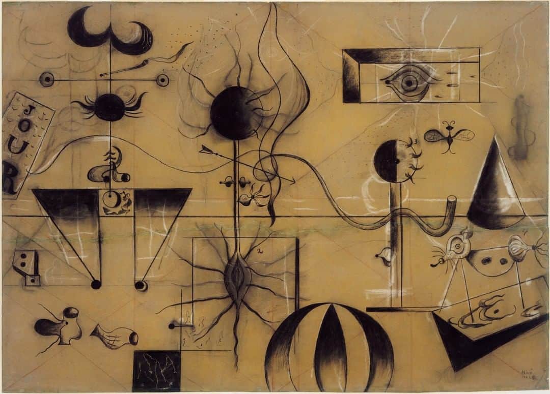 のインスタグラム：「“I make no distinction between painting and poetry.” –Joan Miró #WorldPoetryDay … Adopting similar creative techniques to those of his poet friends, Miró developed a vocabulary of visual signs that could be compared to words. In the drawing “The Family,” hieroglyphic forms symbolize a father, mother, and young child. These imaginative characters are carefully placed within a faintly visible grid, in which the mother’s plant-like body acts as an anchor. The small flames extending from her heart, Miró indicated, stand for maternal love. Now on view in our #JoanMiró exhibition. … [Credit: Joan Miró. “The Family.” 1924. Charcoal, chalk, and conté crayon on flocked paper. Gift of Mr. and Mrs. Jan Mitchell. © 2019 Successió Miró / Artists Rights Society (ARS), New York / ADAGP, Paris]」
