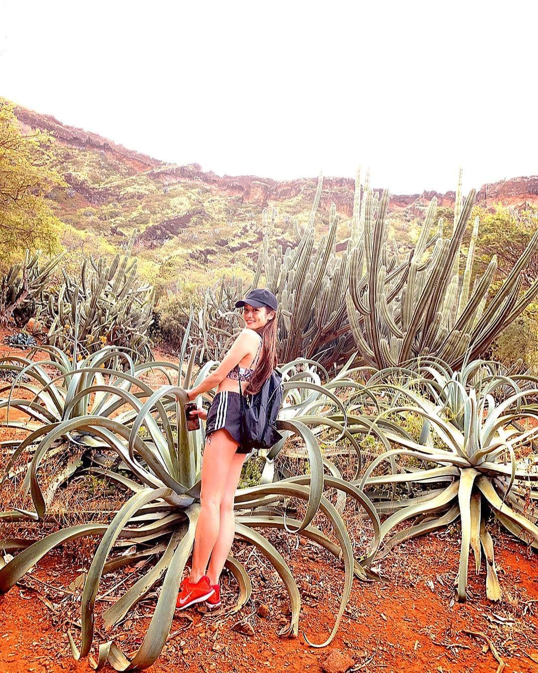 akari♡ 小林あかりのインスタグラム：「自分がちっさくなって、周りがおっきくなった世界のような場所だった🌵💕 . . 少しずつハワイの想い出を載せていこう🐣💕🌹 . #hawaii  #ハワイ  #ひたすら身体を動かす日々  #毎日すっぴんでお肌が綺麗になった気がしたよ  #サボテンに捕まるポーズ🏜 #photobyごお」