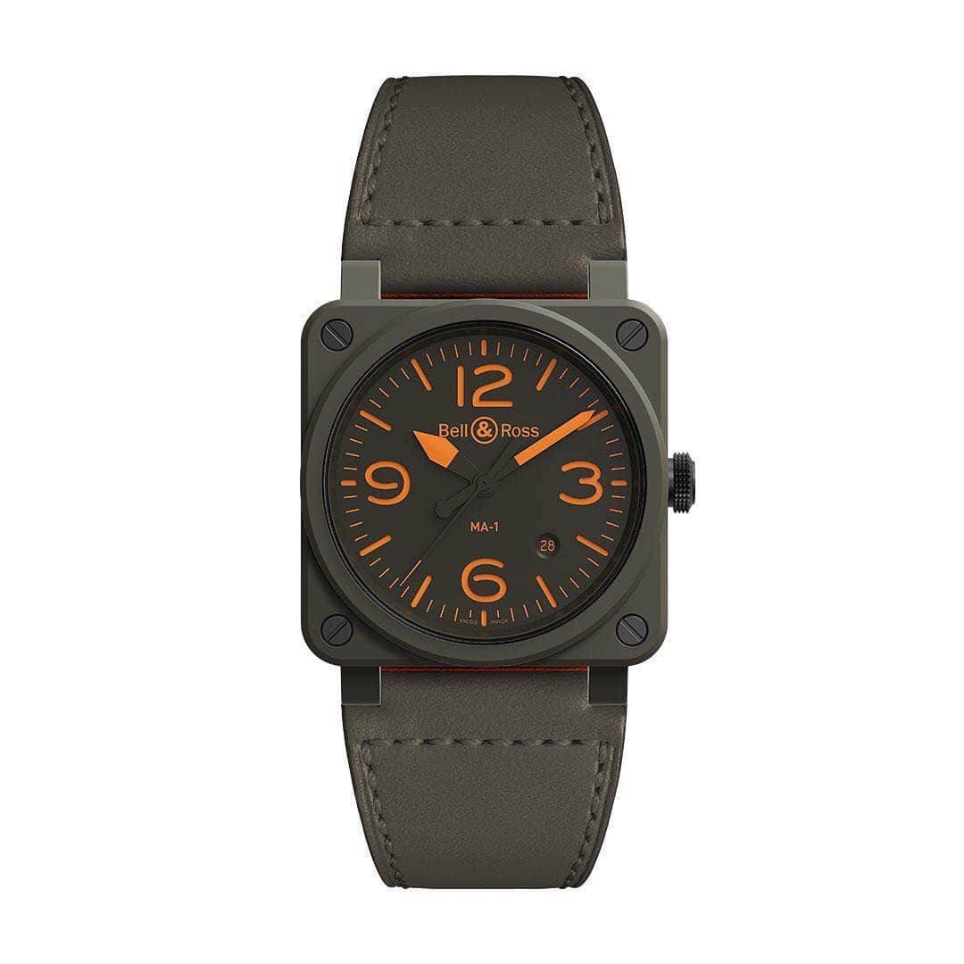 ベル&ロスさんのインスタグラム写真 - (ベル&ロスInstagram)「Meet the new BR 03-92 MA-1: inspired by the US Air Force's legendary MA-1 flight jacket. This model has a reversible khaki/orange calfskin strap. #fromthecockpittothewrist #BRmanifesto #BR0392 #MA1 #timeinstruments #precisionperformance #BellRoss #FlightInstruments  #BellAndRoss #PilotWatch #baselworld2019」3月21日 23時02分 - bellrosswatches