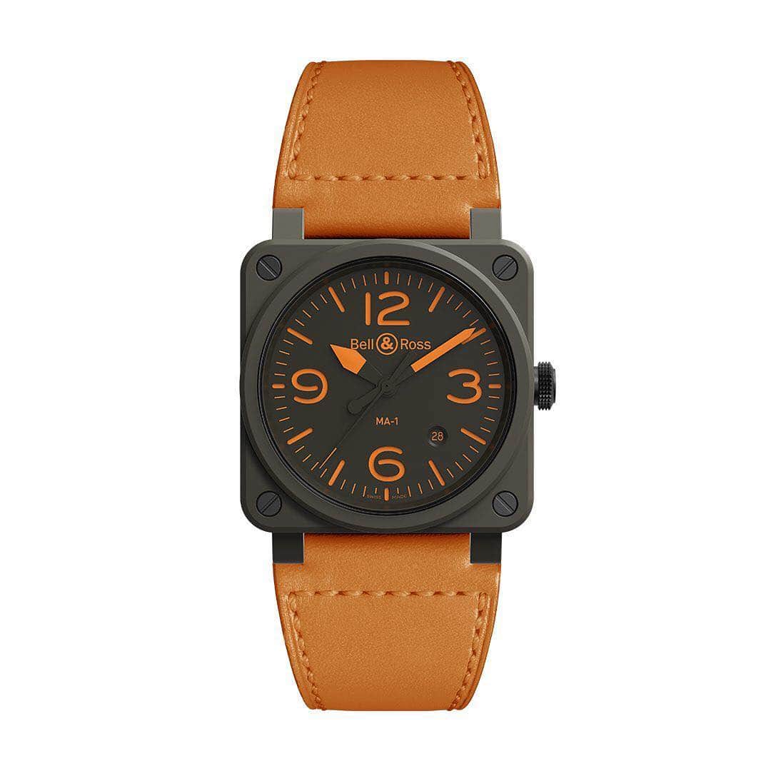 ベル&ロスさんのインスタグラム写真 - (ベル&ロスInstagram)「Meet the new BR 03-92 MA-1: inspired by the US Air Force's legendary MA-1 flight jacket. This model has a reversible khaki/orange calfskin strap. #fromthecockpittothewrist #BRmanifesto #BR0392 #MA1 #timeinstruments #precisionperformance #BellRoss #FlightInstruments  #BellAndRoss #PilotWatch #baselworld2019」3月21日 23時02分 - bellrosswatches