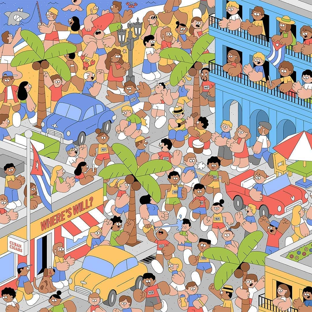 ウィル・スミスのインスタグラム：「This week artist @DanWoodger takes us to Cuba... But Where's Will? @WillSmith ran his first half-marathon in a red shirt and grey shorts, but we lost track of him! Can you find him? #WillSmithsBucketList」