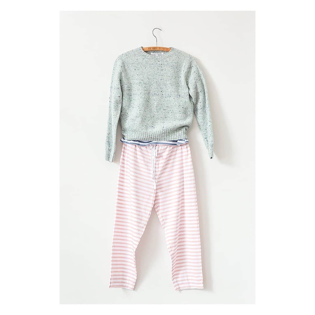 キャベジズ&ローゼズのインスタグラム：「The uber-comfortable Terry Trousers are back just in time for Spring 💖 With delicate pink stripes on a white field made from 100% organic jersey. You will want to wear them everywhere with everything. They look particularly fetching with the newly arrived Freya Knit in Sage and the Sienna Sweater in Classic Navy 👇Tap to Shop Now👇#newarrivals #shopnewarrivals #organicclothing #organiccottonjersey #naturalfabrics #madeinscotland #knitwear #pinkstripes @christina_strutt @cabbagesandroses_shop」