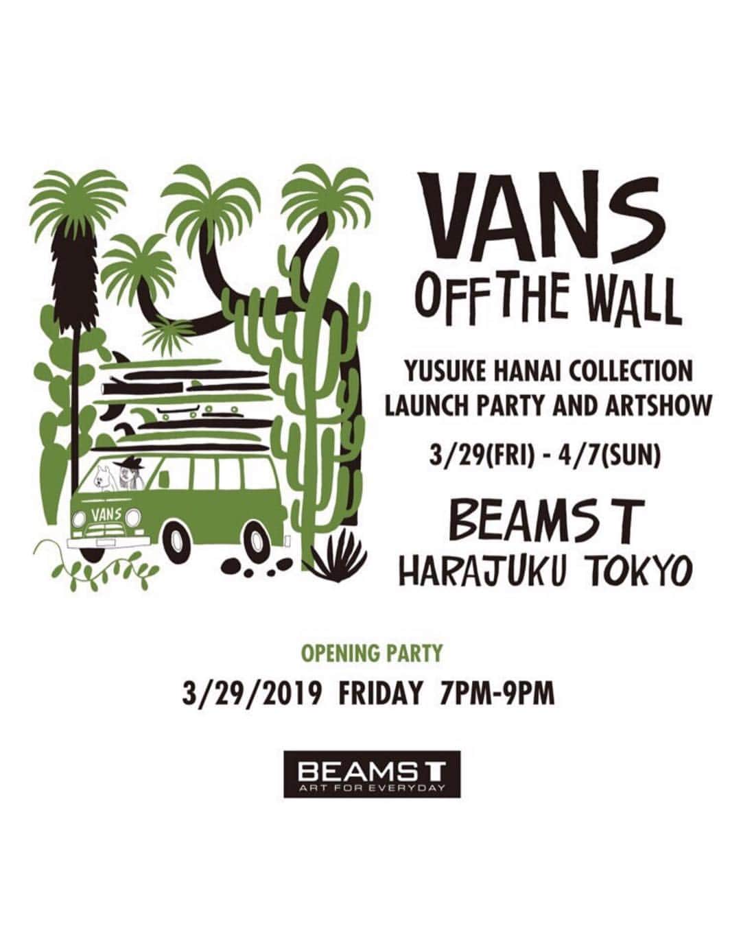のインスタグラム：「VANS × YUSUKE HANAI COLLECTION LAUNCH PARTY AND ARTSHOW 3.29（FRI）～4.7（SUN） at BEAMS T HARAJUKU  花井祐介とVANSによるコラボレーションアイテムを「ビームスT 原宿」にて‪3月29日（金）‬より発売。 本コレクションの発売に併せて花井祐介のアートショーも開催し、作品の展示、販売を行い、発売日にはレセプションパーティーも開催します。  @vansjapan  @vanssurf  @hanaiyusuke  @beams_t  @medicom_toy  #ビームスT」