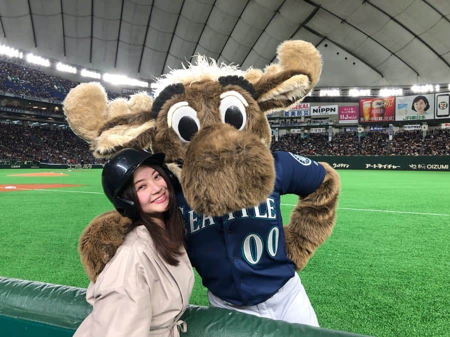 のインスタグラム：「マリナーズのマスコット、ムースが写真撮ってくれた🙈🙈 かわいいというか鼻が高くてかっこよいに近い…♡笑 スラィリーと同じ香りがしました…🐽 . . #MOOSE #ムース #00 #マリナーズ #シアトルマリナーズ #seattlemariners #mariners  #イチロー #鈴木一朗 #51 #イチロー引退  #MLB開幕戦 #MLB #野球 #baseball #野球好き #野球女子 #野球観戦 #東京ドーム #エキサイトシート」
