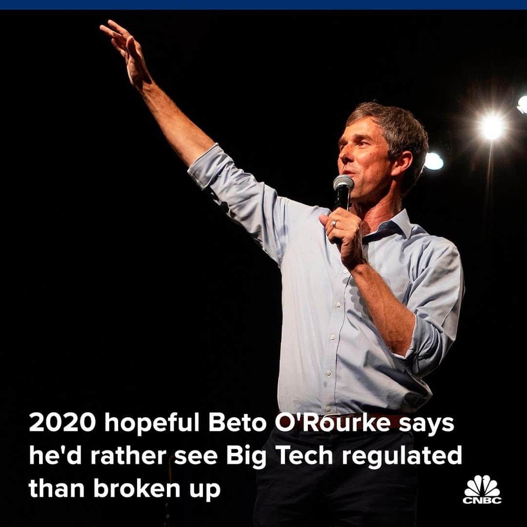 のインスタグラム：「Presidential hopeful Beto O’Rourke is addressing what could be one of the election’s biggest issues: Silicon Valley's tech giants.⁣ ⁣ O’Rourke said he would rather see Big Tech regulated than broken up. That’s in contrast to candidate Elizabeth Warren’s proposal to dismantle tech giants like Facebook and Google. Warren’s proposal stems more from concerns around competition, while O’Rourke seems to focus more on user privacy and abuse of ad-based business models.⁣ ⁣ The companies “can be used, wittingly or not, to undermine our democracy and affect the outcomes of our elections,” O’Rourke told CNN.⁣ ⁣ To read O’Rourke’s full response, click the link in bio.⁣ ⁣ *⁣ *⁣ *⁣ *⁣ *⁣ *⁣ *⁣ *⁣ ⁣ #beto #betoorourke #2020 #2020election #elizabethwarren #tech #apple #google #businessnews #business #cnbc⁣」