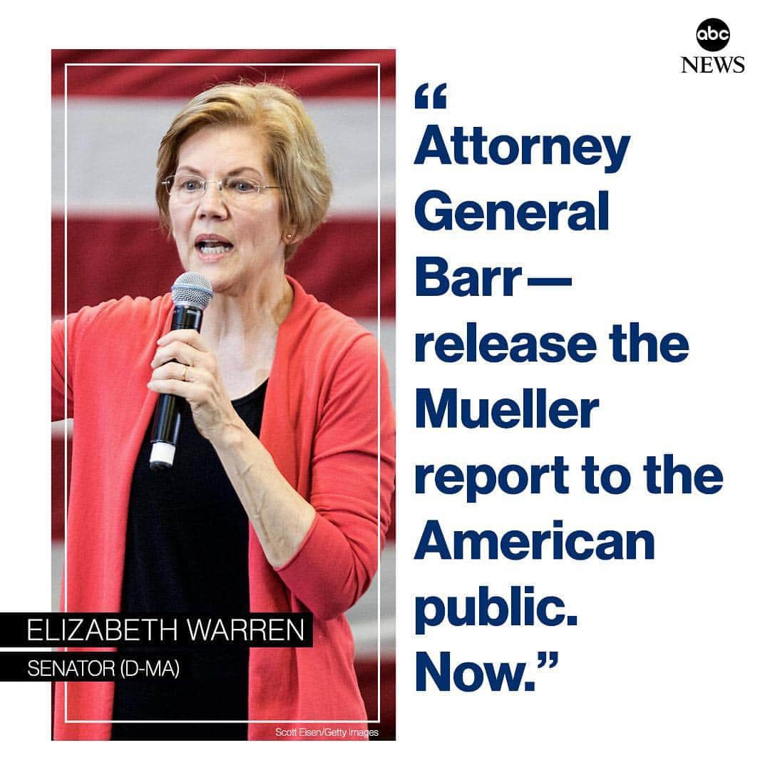 ABC Newsさんのインスタグラム写真 - (ABC NewsInstagram)「Sen. Elizabeth Warren on special counsel Mueller submitting his report to Attorney General Barr: “Attorney General Barr—release the Mueller report to the American public. Now.” #warren #mueller #report #politics #abc #abcnews #breakingnews」3月23日 7時15分 - abcnews