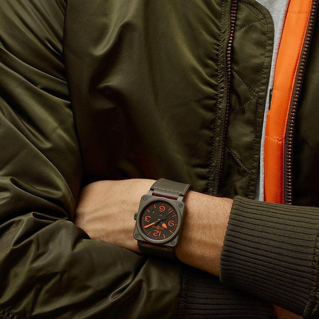 のインスタグラム：「From vintage aviation enthusiast to style enthusiast, the BR 03-92 MA-1 suits all personalities, just like a high-performance flight jacket. #fromthecockpittothewrist #BRmanifesto #BR0392 #MA1 #timeinstruments #precisionperformance #BellRoss #FlightInstruments  #BellAndRoss #PilotWatch #baselworld2019」