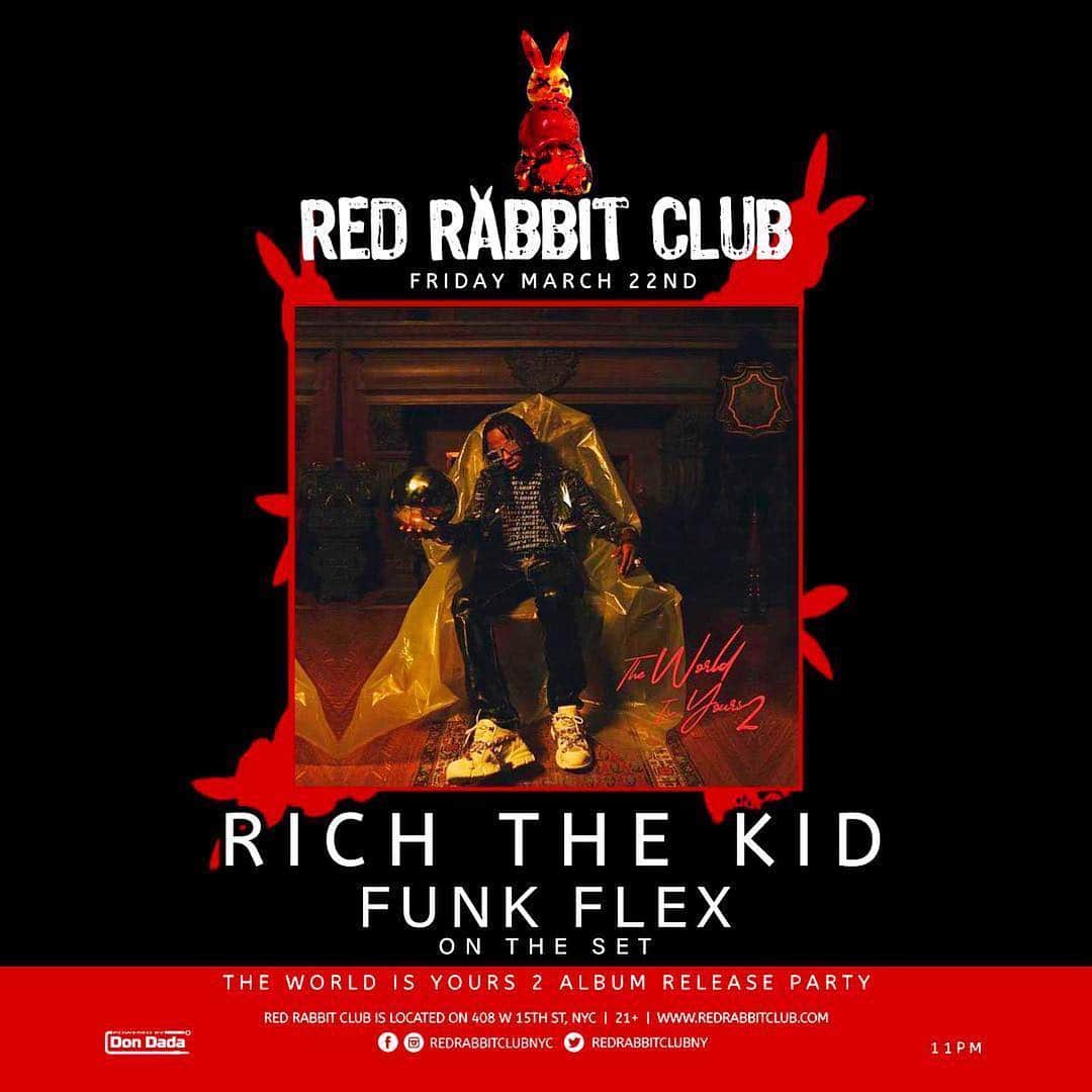 ファンクマスター・フレックスのインスタグラム：「TONIGHT! @richthekid album release party! @funkflex on the set! Red Rabbit Club!」