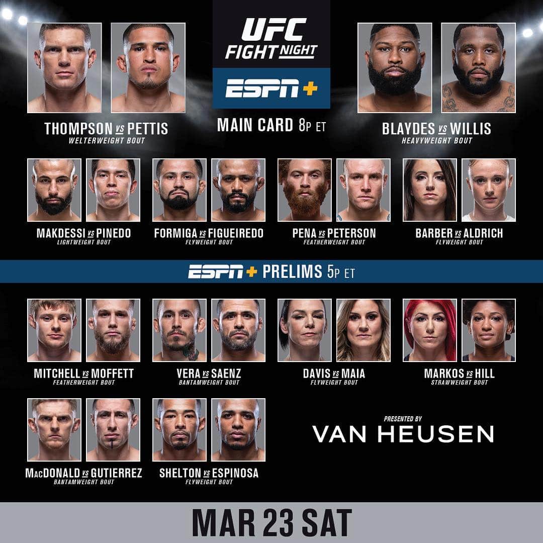 UFCさんのインスタグラム写真 - (UFCInstagram)「IT’S FIGHT DAY‼️ #UFCNashville: @WonderboyMMA vs @ShowtimePettis goes down TONIGHT | 8pmET/5pmPT | LIVE on ESPN+! B2YB @VanHeusenStyle」3月24日 1時41分 - ufc