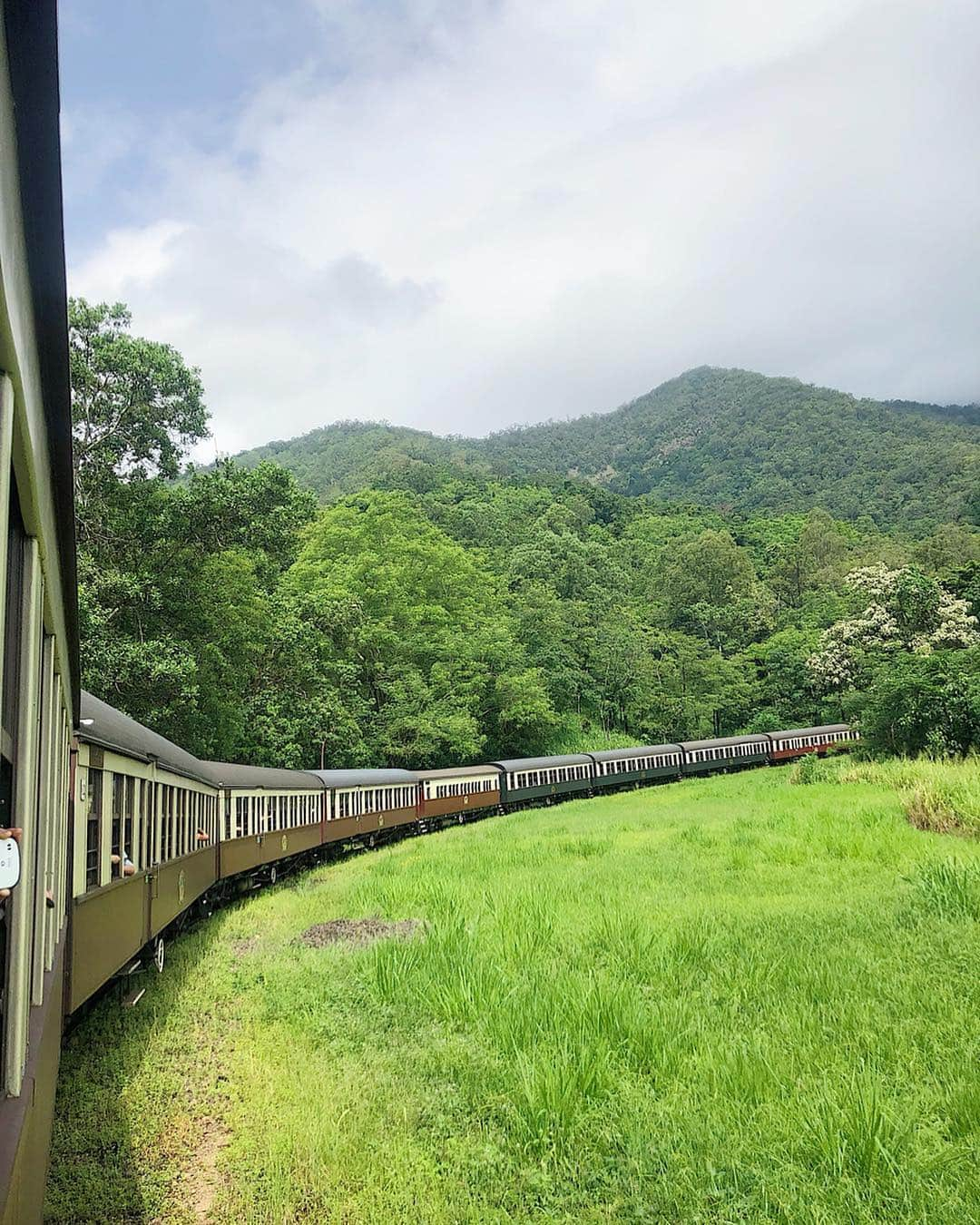 平木愛美さんのインスタグラム写真 - (平木愛美Instagram)「🇦🇺到着してまずは、世界遺産の熱帯雨林、キュランダへ！！！ . カーブを曲がる姿がもはやアートな #キュランダ鉄道 に乗って行ってきました! 世界遺産へ向かう列車って、素敵♡ . 大きな迫力ある滝の目の前を通ったり。マイナスイオンたっぷり吸収です。 . オーストラリアは今雨季？で湿度がものすごい。 お肌保湿されるかな🌼笑 . #世界遺産 / クイーンズランドの湿潤熱帯地域 2019.3.23  #キュランダ #オーストラリア #ケアンズ #australia #kuranda #cairns #trip #manami_travel」3月23日 18時24分 - manamihiraki