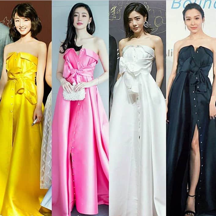 アレクシマビーユのインスタグラム：「Thanks to asian beauties #zhoudongyu #crystalzhang #dengjiajia #alilee for loving my kurkova gown available @netaporter @alexismabille #iconicdress #shirtdress #drapedgown #eveninggown #bold #bustierdress #corset #delicate #elegant #sexappeal #colorfull #netaporter #dontmissit #alexismabille #asianbeauty #yellow #hotpink #white #navyblue」