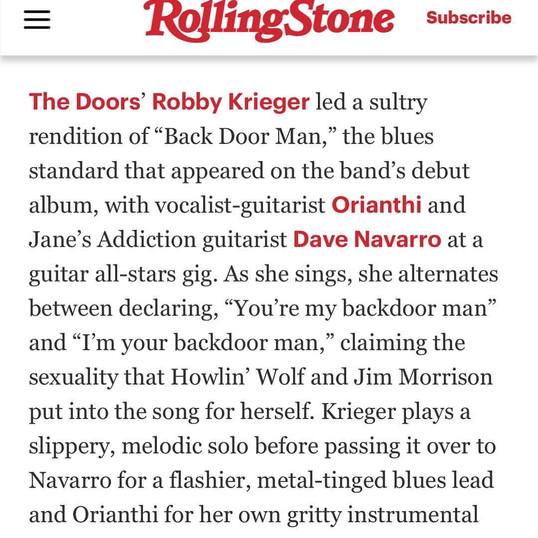 オリアンティさんのインスタグラム写真 - (オリアンティInstagram)「This was so fun and so cool to be featured today in @rollingstone magazine with awesome @officialrobbykrieger @davenavarro https://www.rollingstone.com/music/music-news/robby-krieger-dave-navarro-orianthi-back-door-man-809867/」3月24日 0時46分 - iamorianthi