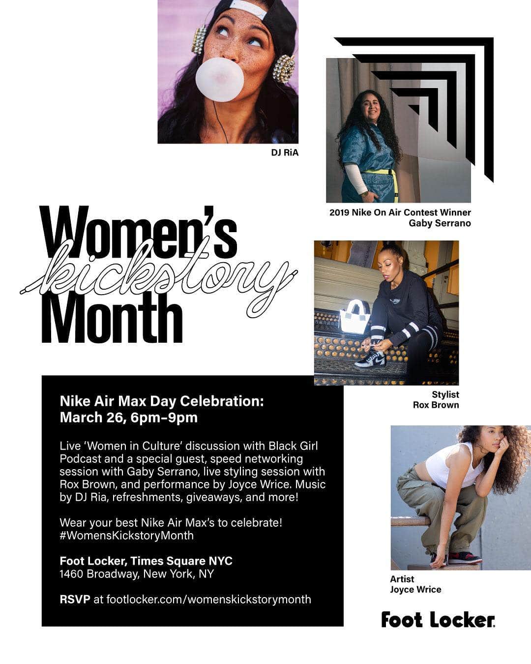 Foot Lockerさんのインスタグラム写真 - (Foot LockerInstagram)「🚨#NYC Tell a friend, to tell a friend - You don't want to miss the finale at Foot Locker TSQ! 🚨  On Tuesday, March 26 we are celebrating #WomensKickstoryMonth and #AirMaxMonth2019 🔥| Live 'Women in Culture' discussion with @blackgirlpod and a special guest, speed networking with @queenleo_ny, live styling session with @rox_brown, and a performance by @joycewrice. Music by @riaria5, refreshments, giveaways, and more! P.s. Our sneaker museum has a brand new exhibit. 🤗 | RSVP link in @ladyfootlocker bio. 💪  Wear your best Nike Air Max's to celebrate! #womenskickstorymonth」3月24日 11時08分 - footlocker