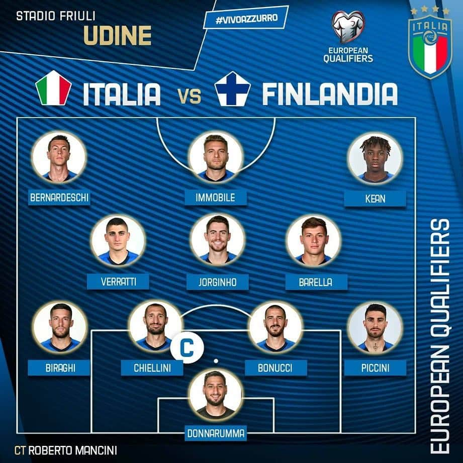 サッカーイタリア代表さんのインスタグラム写真 - (サッカーイタリア代表Instagram)「FORMAZIONE Gli 1️⃣1️⃣ #Azzurri scelti dal Ct #Mancini!  #EuropeanQualifiers 🇪🇺 🇮🇹🇫🇮 #ItaliaFinlandia ⏱ Oggi, h 20.45 🏟 Stadio #Friuli - #Udine 📺 #RaiUno  #ItaFin #VivoAzzurro」3月24日 3時22分 - azzurri