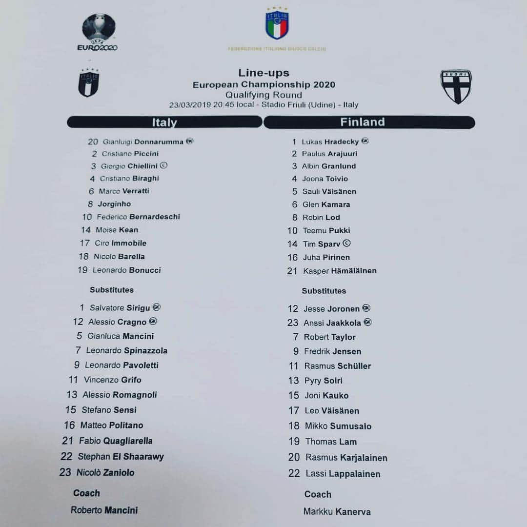 サッカーイタリア代表さんのインスタグラム写真 - (サッカーイタリア代表Instagram)「LE FORMAZIONI  #EuropeanQualifiers 🇪🇺 🇮🇹🇫🇮 #ItaliaFinlandia ⏱ Oggi, h 20.45 🏟 Stadio #Friuli - #Udine 📺 #RaiUno  #Azzurri #ItaFin #VivoAzzurro」3月24日 3時39分 - azzurri