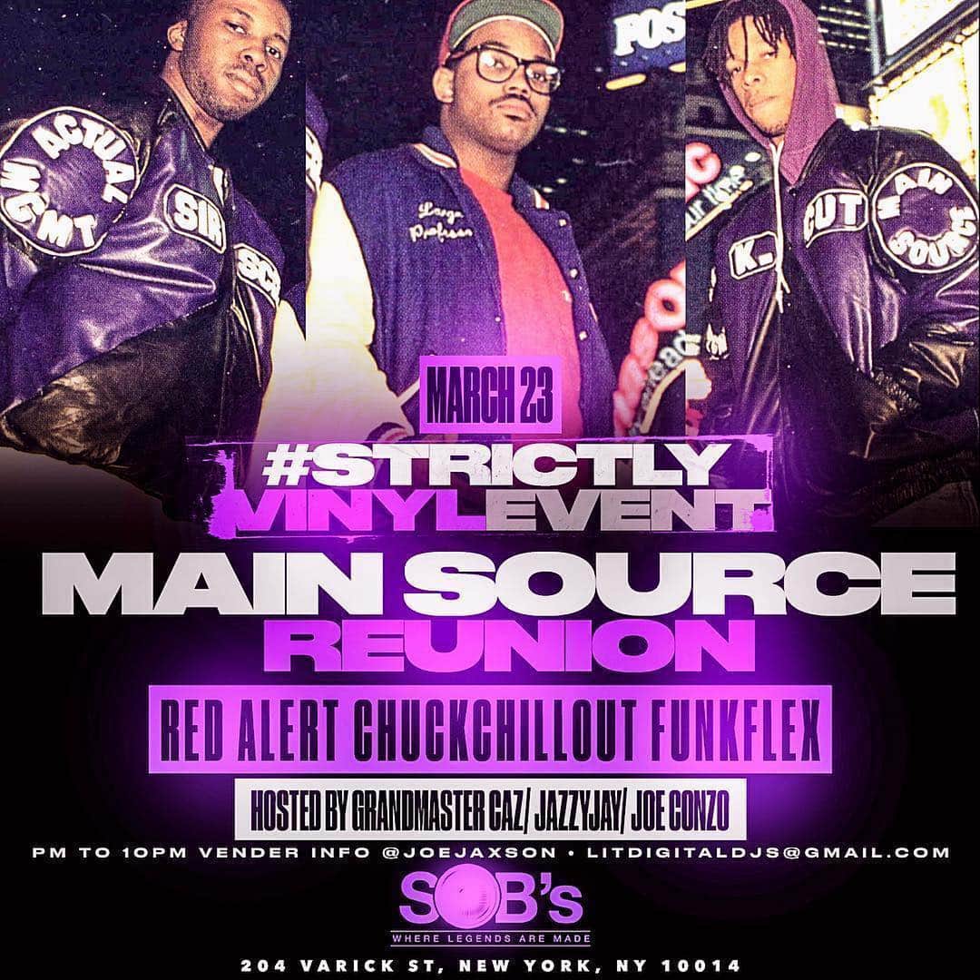 ファンクマスター・フレックスのインスタグラム：「#StriclyVinylEvent Wow! TONIGHT!!! Main Source Reunion! @xplargepro Saturday March23rd! WE WILL ONLY BE SPINNING VINYL WAX! @kooldjredalert x @djchuckchillout x @funkflex !!!! Hosted by @originaldjjazzyjay x @therealgrandmastercaz x @joeconzo !!!! @sobsnyc」
