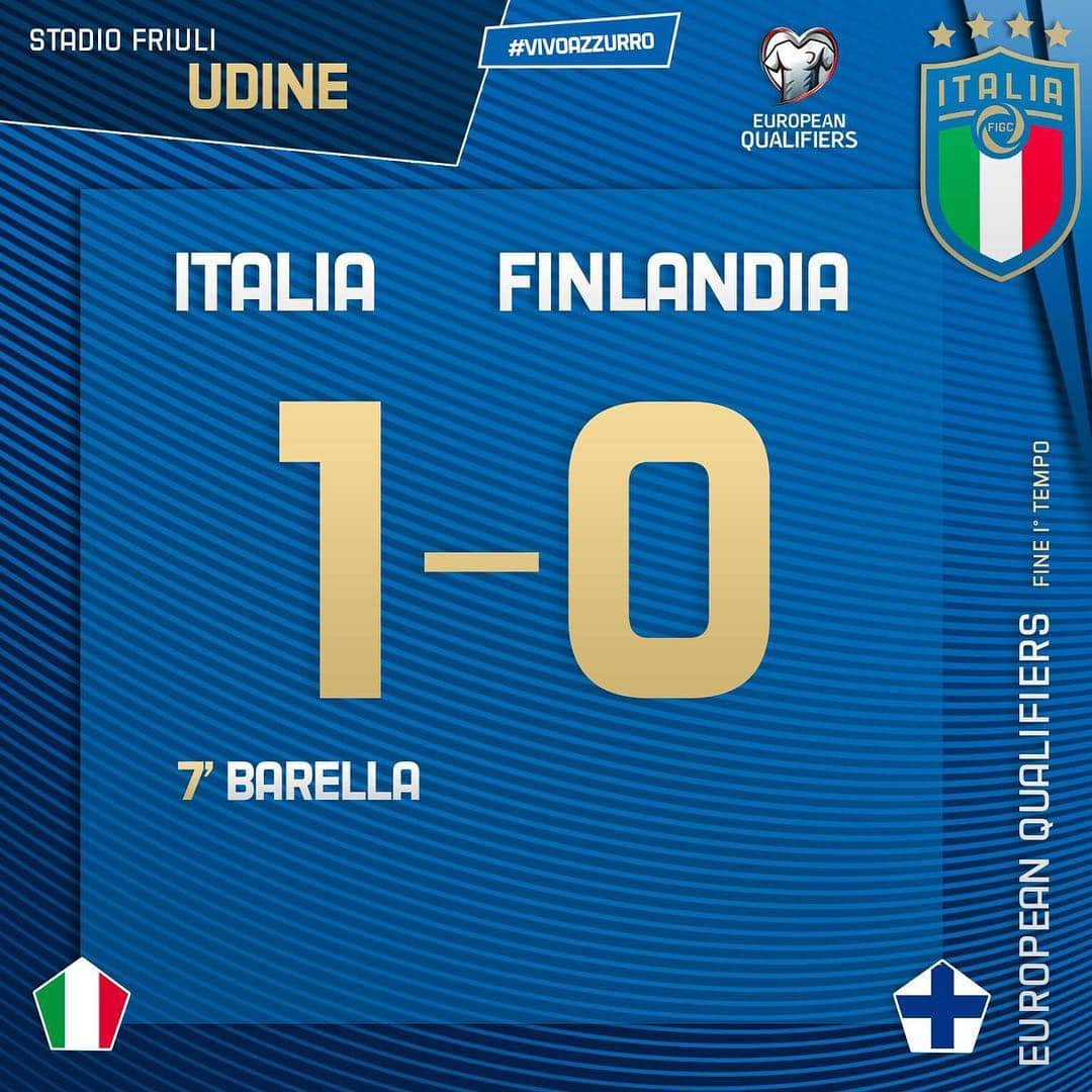 サッカーイタリア代表さんのインスタグラム写真 - (サッカーイタリア代表Instagram)「⏱ FINE PRIMO TEMPO #EuropeanQualifiers 🇪🇺 🇮🇹🇫🇮 #ItaliaFinlandia 1️⃣-0️⃣ ⚽️ Barella 7’  Gli #Azzurri attaccano, ma non trovano il raddoppio.  Nessun pericolo per la porta difesa da #Donnarumma. 🏟 Stadio #Friuli - #Udine  #ItaFin #VivoAzzurro」3月24日 5時34分 - azzurri