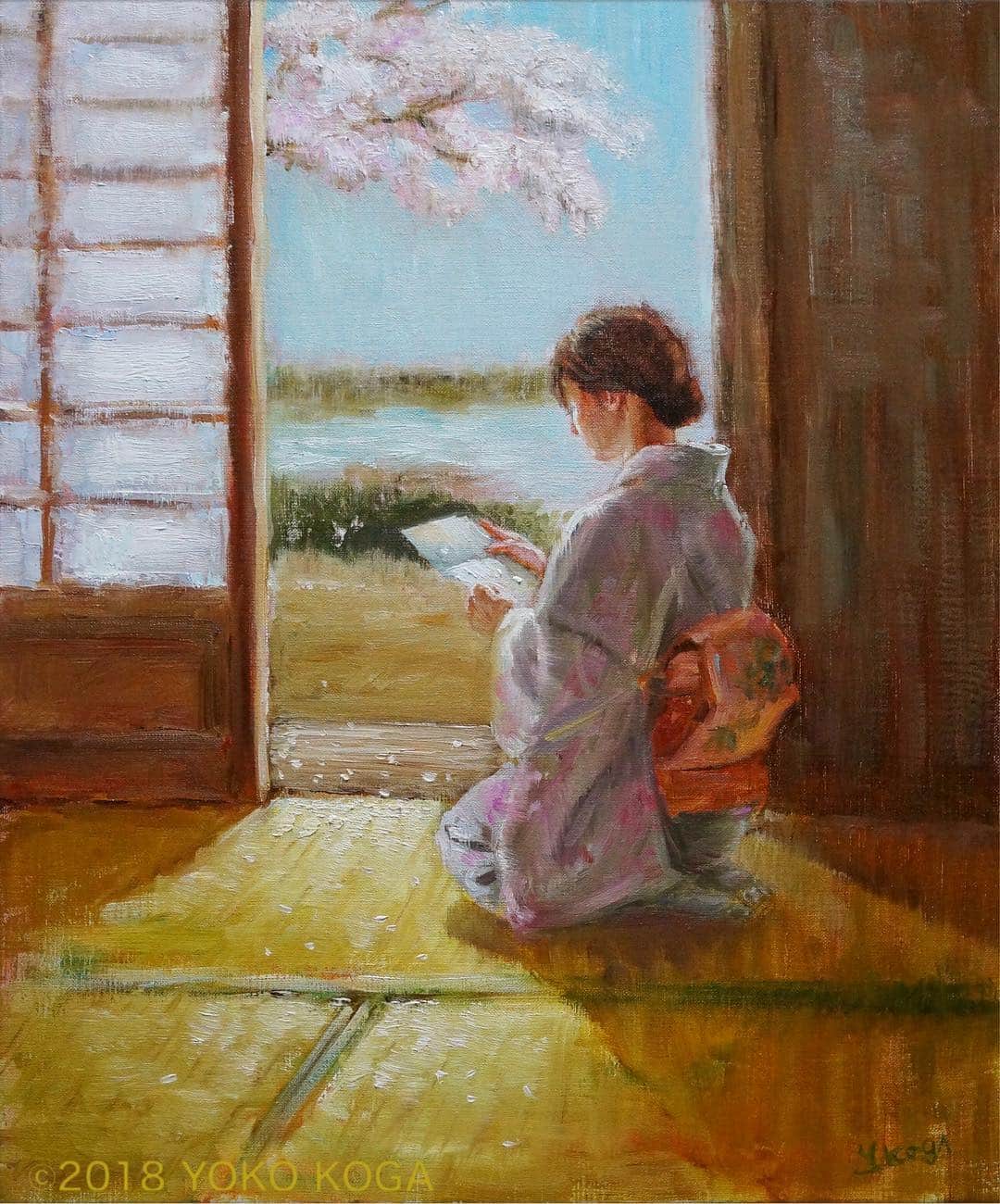 古賀陽子のインスタグラム：「“The Letter~spring~” 2018, oil on canvas, 45.5cm×37.9cm "手紙〜春〜" F8号 もうすぐ🌸🌸🌸 #人物画 #肖像画 #portrait #アート #絵 #gallery #ギャラリー #画家 #artist #painter #portraitartist #painting #art #artwork #油絵 #oilpainting #artstagram #artistoninstagram #instapainting #instajapan #instaart #instaartist #neoimpressionism #古賀陽子 #yokokoga #exhibition #exhibit #春 #桜 #さくら」