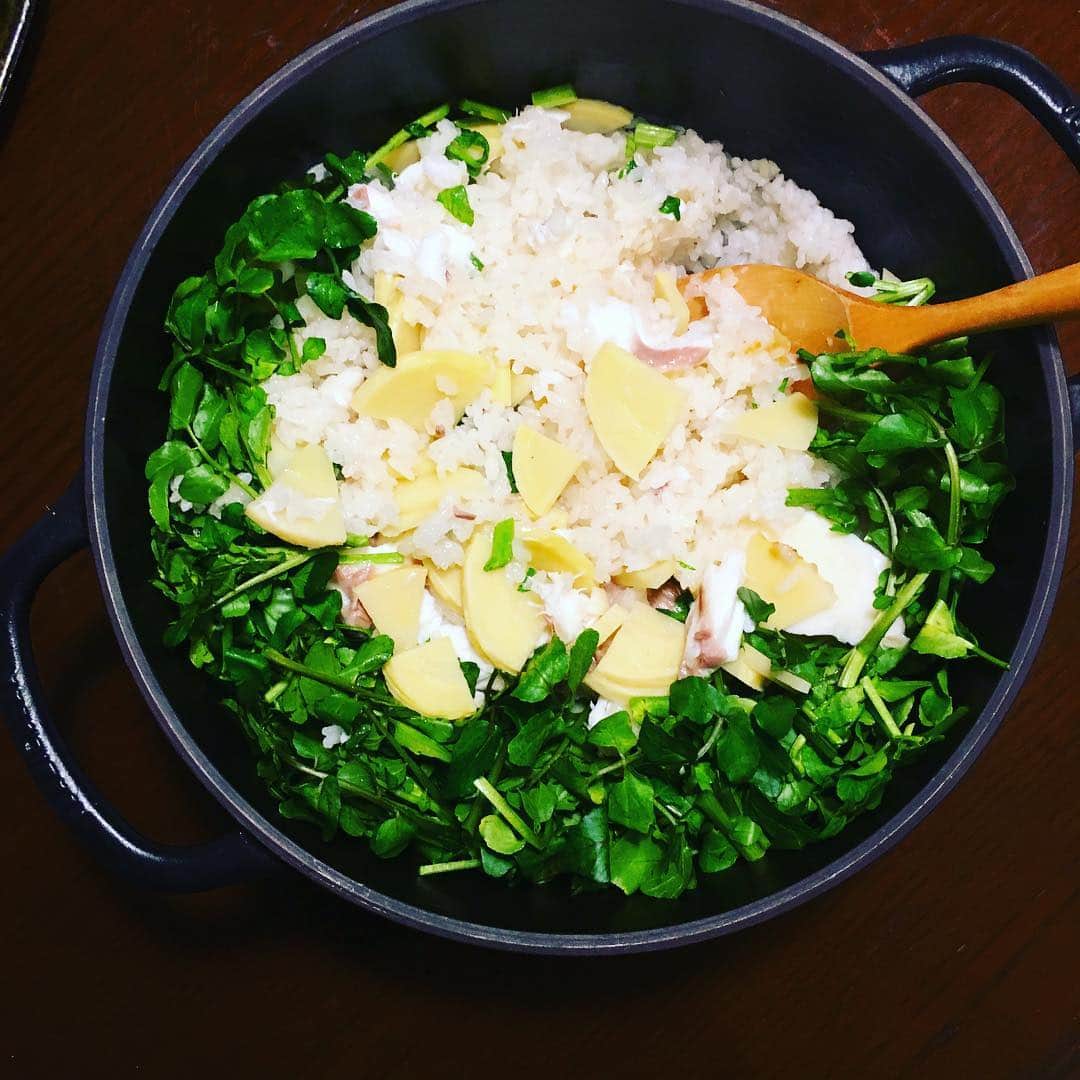志摩有子さんのインスタグラム写真 - (志摩有子Instagram)「出始めの筍を糠で下茹でしたので、鯛と合わせて炊き込みご飯に。木の芽の代わりに仕上げに刻んだクレソンをどっさり。お代わり続出。大好評。 #たけのこご飯  #筍ごはん #バーミキュラライスポット  #vermicular  #vermicularricepot」3月24日 21時52分 - ariko418