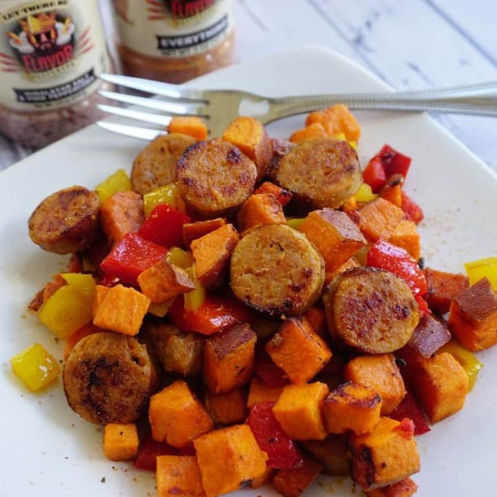 Flavorgod Seasoningsさんのインスタグラム写真 - (Flavorgod SeasoningsInstagram)「☀️☀️SPRING SALE - LAST DAY!☀️☀️⁣ 🚨🚨🚨FLAVORS RESTOCKED🚨🚨🚨⁣ .⁣ 💥💥💥Click on the link in bio for all details -> @flavorgod💥💥⁣ .⁣ Chicken Sausage and Sweet Potato⁣ .⁣ Made with:⁣ 👉 #flavorgod Everything Seasoning⁣ 👉 #flavorgod Pink Salt & Pepper⁣ .⁣ Ingredients:⁣ 1 tablespoon coconut oil⁣ 1 to 2 sweet Italian sausage links, sliced thin⁣ 1 larger sweet potato, chopped⁣ 1 red bell pepper, seeded and diced⁣ 1 yellow bell pepper, seeded and diced⁣ 1 teaspoon FlavorGod Everything ⁣ 1/8 teaspoon FlavorGod Pink S+P⁣ ⁣ Directions:⁣ Add the coconut oil to a large saute pan . Saute the sweet potato for 5 to 7 minutes. Stirring often.⁣ .⁣ In a separate, large skillet, saute the Italian sausage over medium-high heat until browned about 3 to 5 minutes. And set aside.⁣ .⁣ Add the diced yellow and red bell peppers and FlavorGod.⁣ Stir in and saute for another 5 minutes, or until peppers have softened.⁣ Then Add in the chicken sausage.⁣ .⁣ Let saute together for a few minutes, or until the sweet potatoes are all softened. Remove from heat and serve immediately.⁣ Top with additional FlavorGod if desired.」3月24日 22時00分 - flavorgod