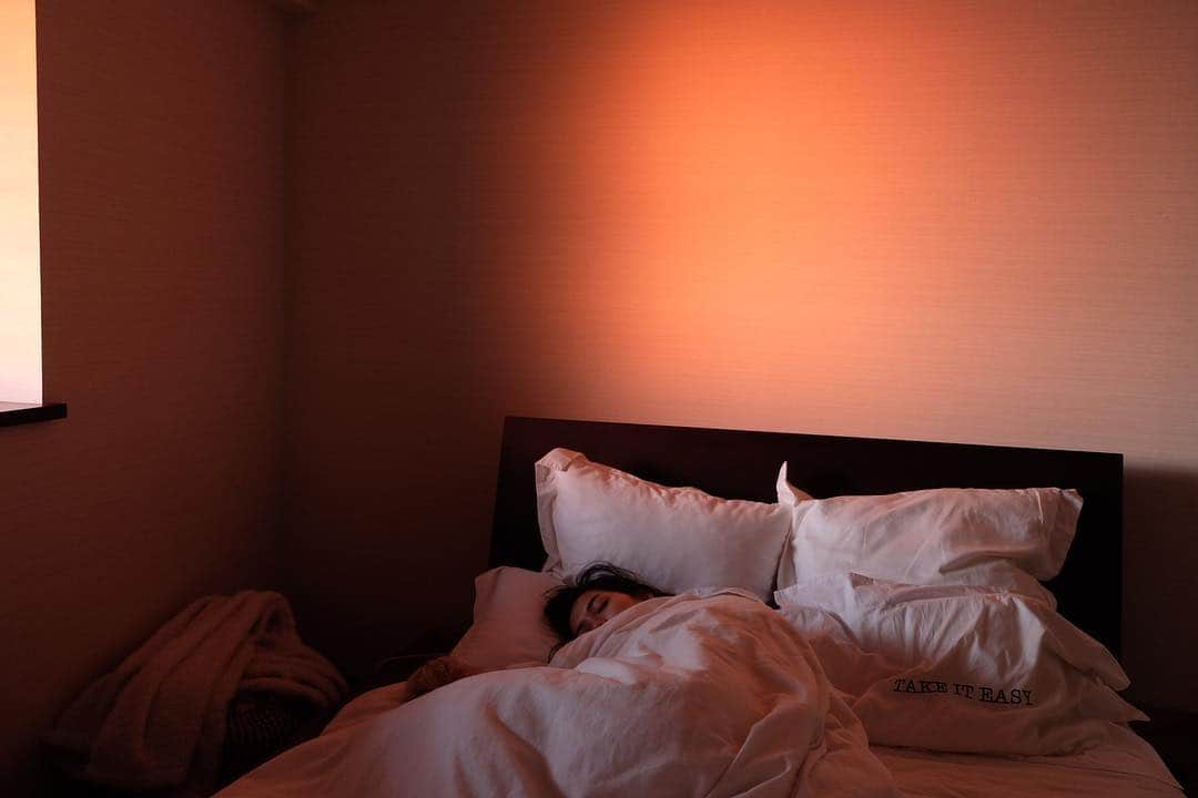武智志穂さんのインスタグラム写真 - (武智志穂Instagram)「最近、気を抜くとすぐに眠たくなる〜。 暇さえあれば寝てる。。💤 春ですねぇ。 ‌ 今日の夕日色に染まる寝室と、スヤスヤなわたしとマロウ。 ‌ #なんかこの写真好き #愛感じる」3月24日 22時47分 - shiho_takechi