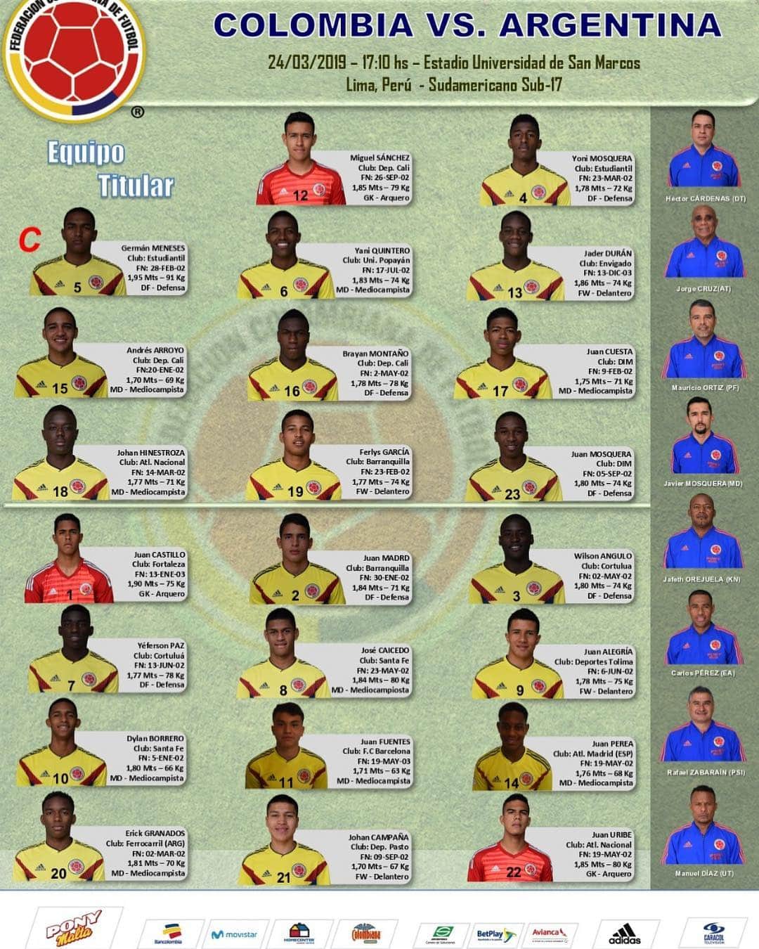 サッカー コロンビア代表チームのインスタグラム：「#MasculinaSub17 Llega el debut de nuestra @fcfseleccioncol Masculina Sub-17 ante @afaseleccion en el @sub17peru2019. Sigue las emociones desde las 5:10pm por @golcaracol HD2 y golcaracol.com  #Sub17perú #COLARG」