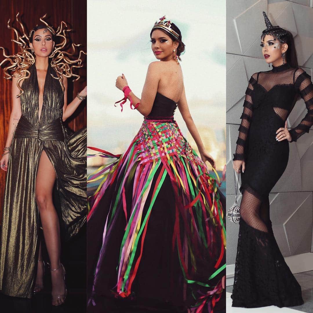 Gabriela Salesのインスタグラム：「Lacrinhas! E, por falar em baile da Vogue... relembrando os looks das últimas 3 edições em que estive presente. Sempre tento seguir o tema à risca e colocar minha personalidade em cada fantasia. Em 2016, meu primeiro ano, com o tema zodíaco, fiz uma alusão ao meu signo Sagitário, mas terminei encontrando uma pessoa com o mesmo vestido na festa e descobri então que fui de Gêmeos kkk. Em 2017, o tema girava em torno da cultura de nosso país e, então, eu tentei resumir numa fantasia um pouco da minha Alagoas com seus reisados, guerreiros e festanças. Já esse ano, o tema foi, na minha opinião, o mais difícil de todos, justamente por se “limitar” a uma cor: a dourada. Tentei, através de acessórios e de uma silhueta ousada, expressar um pouco do poder feminino e sair do lugar comum. #bailedavogue #bailedavogue2019 #fantasiasrm #carnavalrm」