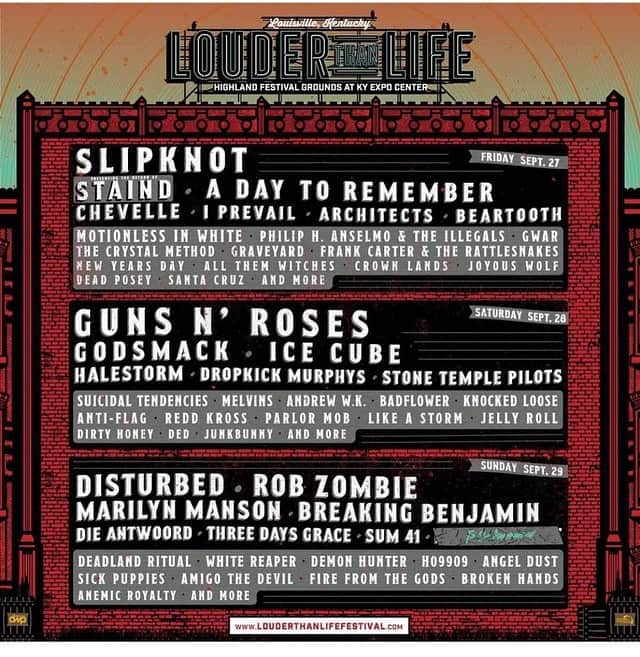 ロブ・ゾンビのインスタグラム：「Kentucky get ready to party! #louderthanlife #kentucky #gunsnroses #robzombie #slipknot #marilynmanson」