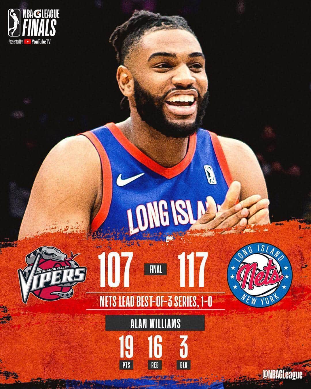 NBAさんのインスタグラム写真 - (NBAInstagram)「💥 A MONSTER double-double for @alantwilliams, helps give the @longislandnets a 1-0 #GLeagueFinals lead! 💥 (repost @nbagleague)」4月8日 15時25分 - nba
