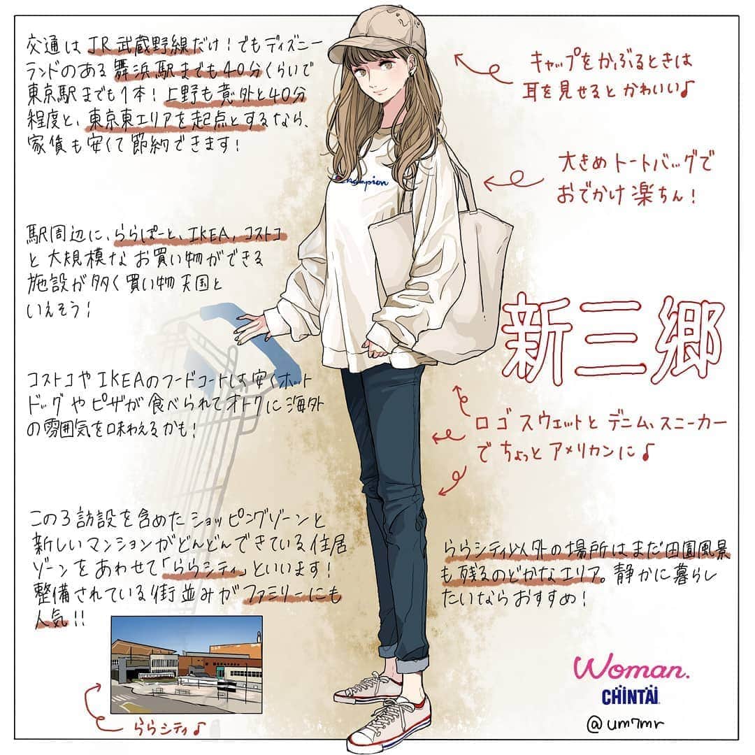 のインスタグラム：「#新三郷駅 （#shinmisato  station in #Saitama ） ・ 交通は武蔵野線だけ、と思いきやCOSTCO、IKEA、ららぽーととお買い物施設だらけの買い物天国ともいえる街！ そんな新三郷は女性に例えると、ちょっとアメリカンな雰囲気もあるアイテムが似合うカジュアルな女性🙋❤ ・ ・ @woman.chintai では新三郷駅周辺のお部屋も診断形式であなたにあったお部屋がわかっちゃう😘🏡 「Woman.CHINTAI」もしくは、「ウーマンチンタイ」で検索🔍 プロフィールのURLからもすぐに理想のお部屋が探せちゃいます✨ ・ Illustrated by @um7mr ・ ・ #WomanCHINTAI#部屋探し#CHINTAI #女性にオススメ #擬人化 #賃貸 #街 #1人暮らし #おしゃれ#女子#ファッションイラスト#fashionillutration#tokyofashion#ootd#ファッション#コーデ#今日のコーデ」
