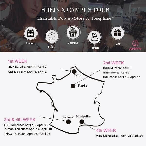 SHEINさんのインスタグラム写真 - (SHEINInstagram)「💞CHARITABLE CAMPUS TOUR - CALLING ALL SHEIN LOVERS📣 🔖SHEIN is currently stopping in Paris! 💛We are going to open charitable pop up stores on campuses in France.💸All income will be donated to Joséphine. 🏫ISCOM:Monday, April 8 from 10.30am-4.30pm 🏫ISEG:Tuesday, April 9 from 9:30am-3.30pm 🥰 🏫ISC:Wednesday 10th / Thursday 11th of April from 10am to 4pm 🚌This campus tour begins with Lille, via Paris,Toulouse, and ends at Montepellier. 🧩Come giving a wind of novelty to your wardrobe and show us your interests! #SHEINfrance #SHEINcampus #MeetSHEIN」4月8日 22時19分 - sheinofficial