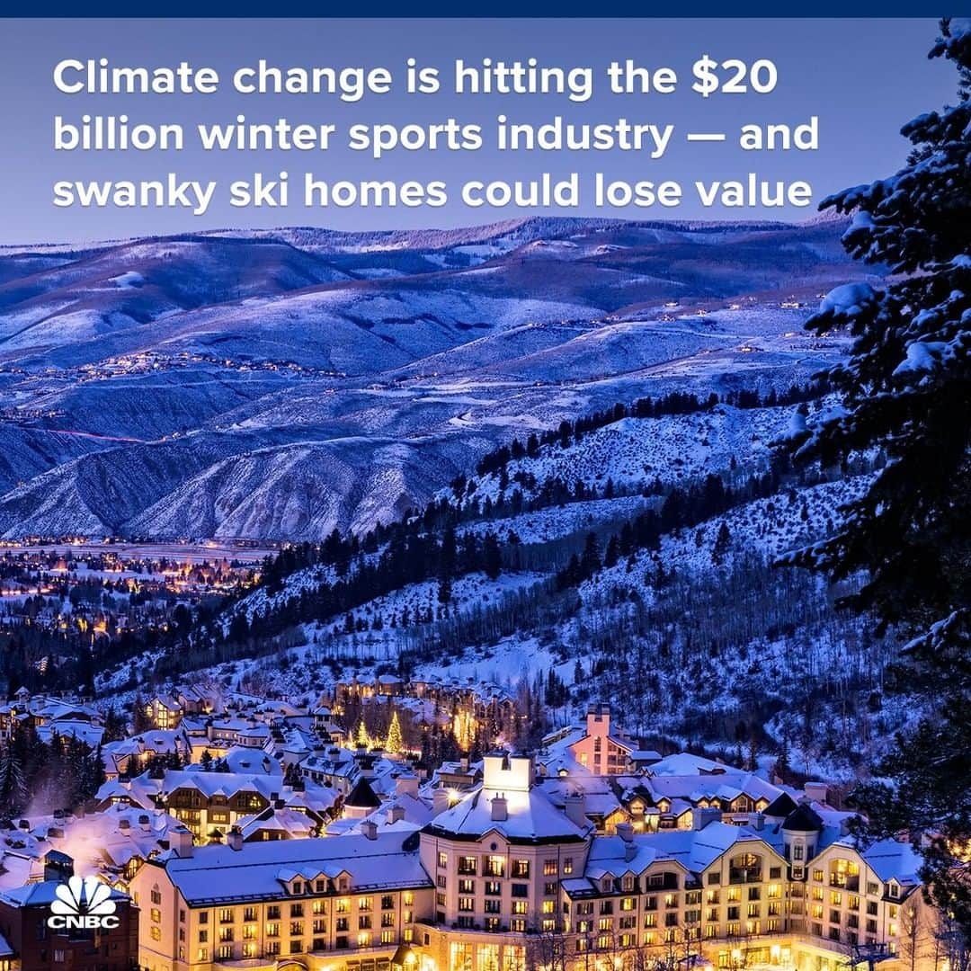 CNBCさんのインスタグラム写真 - (CNBCInstagram)「Skiers and snowboarders beware: The snow season has shrunk by 34 days since the early 1980s due to climate change.⁣ ⁣ Residential and resort properties that profit from snow activities are feeling the sting as snow sport seasons get shorter. Snow sports tourism contributes about $20 billion to the U.S. economy each year.⁣ ⁣ The resort industry is using renewable energy, like solar panels, and buying properties in colder climates to protect their business. One company is even turning to more energy-efficient snowmaking — yes, that means snow guns in Colorado.⁣ ⁣ Snow doesn't just support luxury homes and resorts. It’s the lifeblood of many local economies where hospitality, retail and restaurant jobs rely on tourism.⁣ ⁣ To read more about how climate change is impacting snow sports, click the link in bio.⁣ ⁣ *⁣ *⁣ *⁣ *⁣ *⁣ *⁣ *⁣ *⁣ ⁣ #realestate #travel #luxuryresorts #luxury #resorts #housing #homeprices #skiing #snowboarding #wintersport #snow #climatechange #businessnews #cnbc⁣ ⁣」3月25日 6時58分 - cnbc