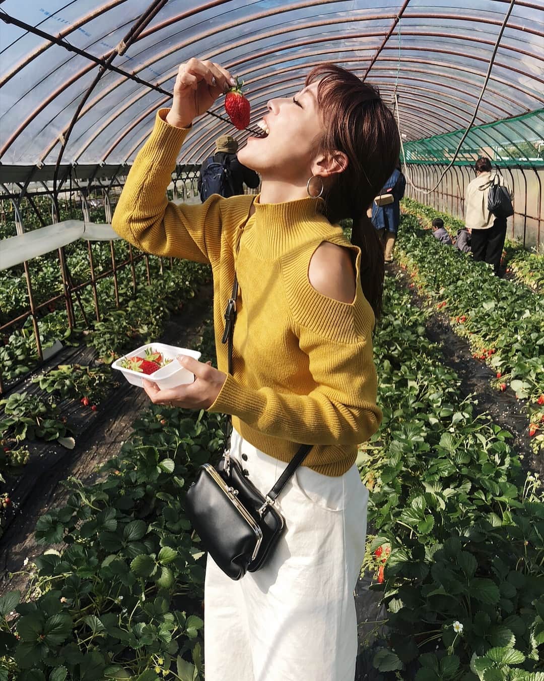 三方美穂さんのインスタグラム写真 - (三方美穂Instagram)「いちご狩り🍓 練乳なくても甘かった🤤 今思い出しても美味しかったの思い出せる〜 柔らかくてすっごく甘い！ #章姫 スーパーには柔らかく出まわらないみたい🍓 #いちご狩り #写真撮ってから別行動 #いちごに必死 #20個以上は食べれなかったな #白のボトムには注意 #洗濯中」3月26日 0時01分 - mihomikata
