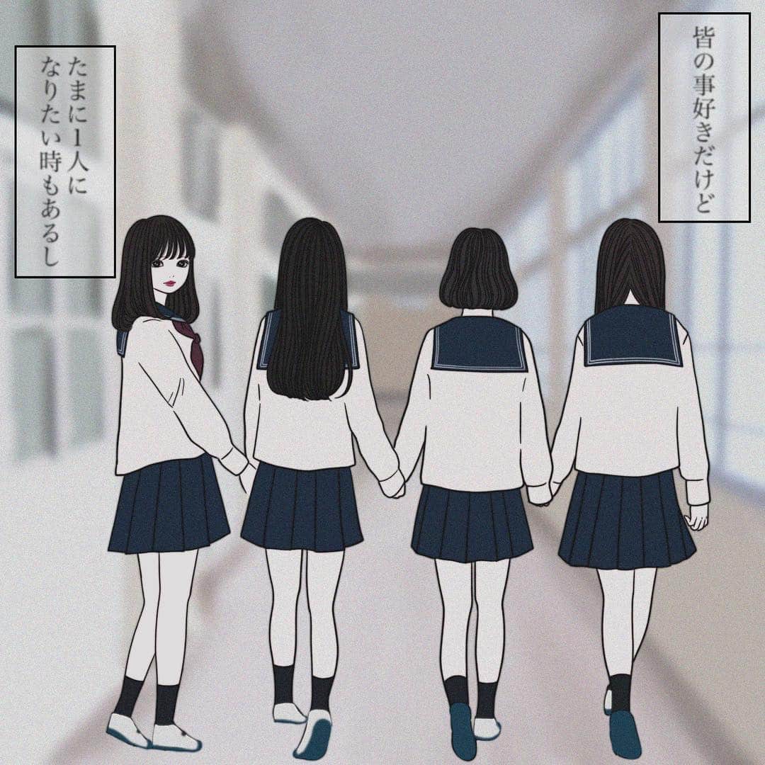 乃の木そよさんのインスタグラム写真 乃の木そよinstagram 女子グループって楽しいし安心もするけどたまに息が詰まるなって思ってる子 制服 女子校生 イラスト 絵描き 絵 友達 Illustration 古着 古着女子 古着好きな人と繋がりたい 写ルンです 写