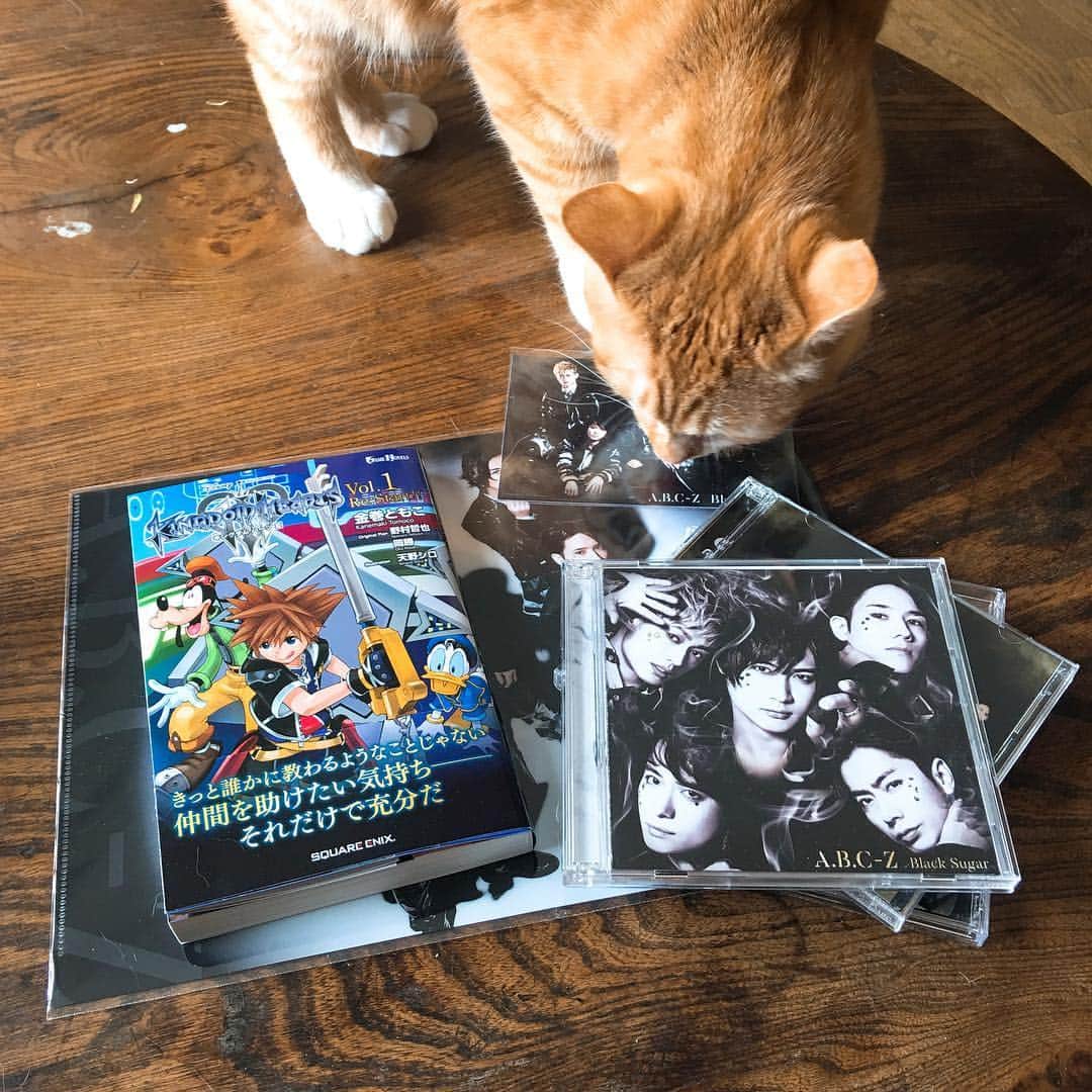 金巻ともこさんのインスタグラム写真 - (金巻ともこInstagram)「‪明日はA.B.C-Zの新曲『Black Suger』の発売日なんですよ。今日はフラゲ日なんですよ。堂島孝平さん作詞作曲のカッコいい曲です。ちなみに明後日は『小説 キングダム ハーツIII Vol.1 Re:Start!!』発売！ 横アリのコンサートで発売日聞いた時、勝手に胸に迫るものがありました。どっちも売れますように。 #abcz #BlackSuger #cat #茶トラ #猫 #orangetabby #tabby  #キングダムハーツ3 #キングダムハーツ #kingdomhearts #kingdomhearts3 #小説キングダムハーツ #金巻ともこ #堂島孝平」3月26日 11時55分 - tomotomoco