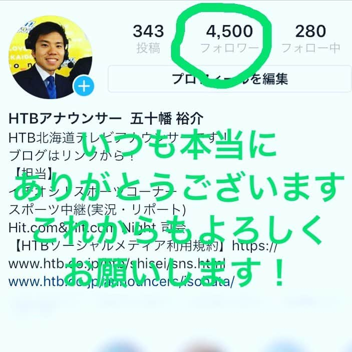 五十幡裕介さんのインスタグラム写真 - (五十幡裕介Instagram)「フォロワー4,500人！ Instagramを見て下さっている皆さん、 本当にありがとうございます。 およそ1年半、細々と続けてきていますが、 今後も番組のこと、スポーツのこと、私自身のこと、 僭越ながら伝えていけたらと考えています。 改めて、これからもよろしくお願い致します。  #フォロワー #4500人 #私の中では快挙 #本当にありがとうございます #放送では伝えきれないこと #取材内容 #こぼれ話 #たまに #自分自身のことも #エアトランペット も #時々(笑) #プロ野球 #開幕まで #あと3日 #徐々に資料の準備を進めています #明日が今年度最後の #イチオシ！ 出演 #様々な思いを持って頑張ります #HTB #アナウンサー #五十幡裕介」3月26日 19時47分 - htb_isohatayusuke