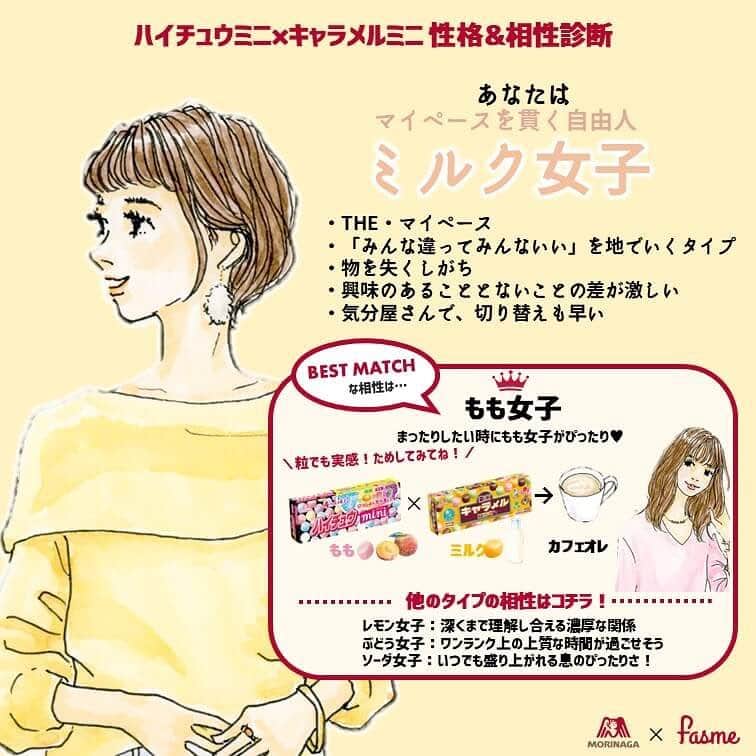 saekoのインスタグラム：「. 森永製菓『ハイチュウミニ』の性格&相性診断キャンペーンに応募。 診断結果はミルク女子。 物をよく失くします…💧 . #ハイチュウミニで性格診断  #バルミューダ」