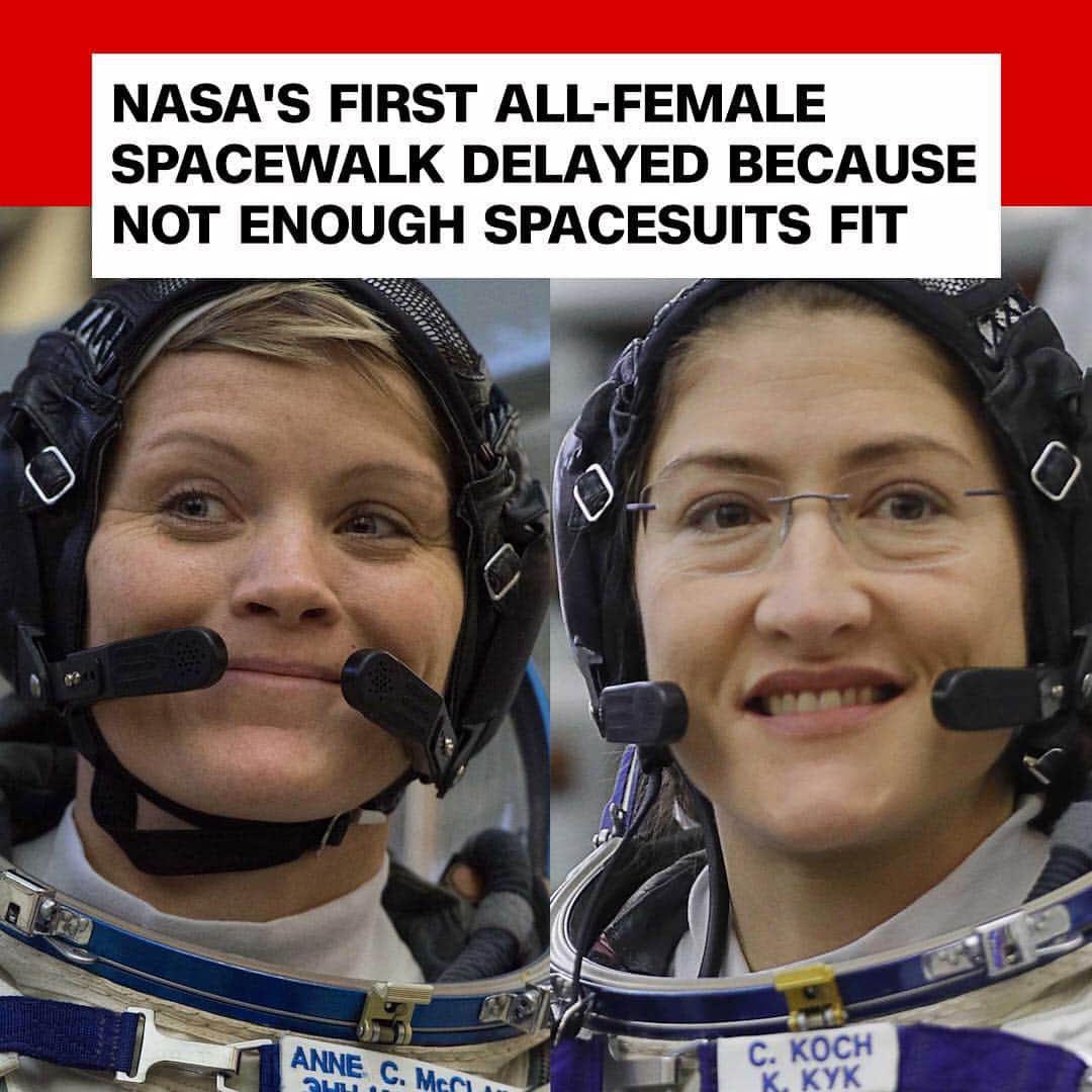 CNNさんのインスタグラム写真 - (CNNInstagram)「Astronauts Anne McClain (left) and Christina Koch were set to make history this Friday as part of the first all-female crew to do a spacewalk at the International Space Station 👩‍🚀🚀 but the historic moment has been delayed because there is only one medium spacesuit available at the station. NASA said McClain will be replaced by an another astronaut, Nick Hague, on Friday's mission. (📸: AFP/TASS/Getty Images)」3月26日 21時57分 - cnn