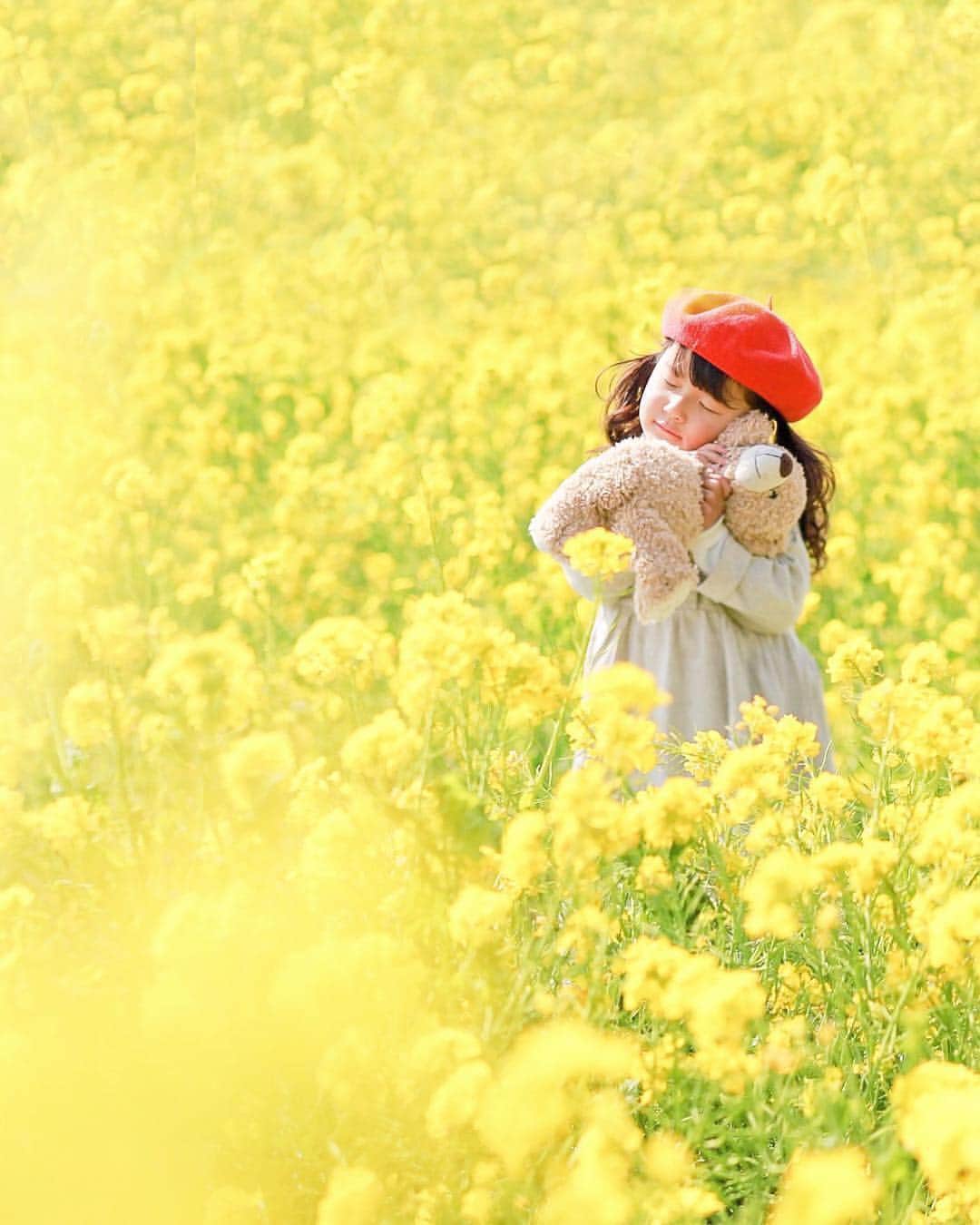 のインスタグラム：「こんばんは😊 現在、「春」をテーマにお写真・動画を募集中です✨ 本日の #タビスルキッズ はこちら💕 📷 @mama_gram115さん 🚩千葉県・鴨川市「菜な畑ロード」 🎙ご本人コメント(一部抜粋) ＊ギュッ＊ 大好きなクマのぬいぐるみ🧸 ギュッ💓 . 名前はモモちゃんっていいますʕ•ᴥ•ʔ よく見るとモモちゃん苦しそう🤭 . 我が家には、ぶどう、トマト、ピーマン、クリーム、お餅ちゃんなど、たくさんのぬいぐるみがいます🧸 . 全て娘命名🖌 そして食べ物名🤣🤣 . 唯一食べ物の名前ではない子がいるのですが、 その子...... 「お人形ちゃん」っていいます🐇 そのまま🤯🤯 ＊＊＊＊＊＊ ぬいぐるみの「食べ物のネーミング」かわいいですね😆 いつも、かわいいお写真ありがとうございます💕」
