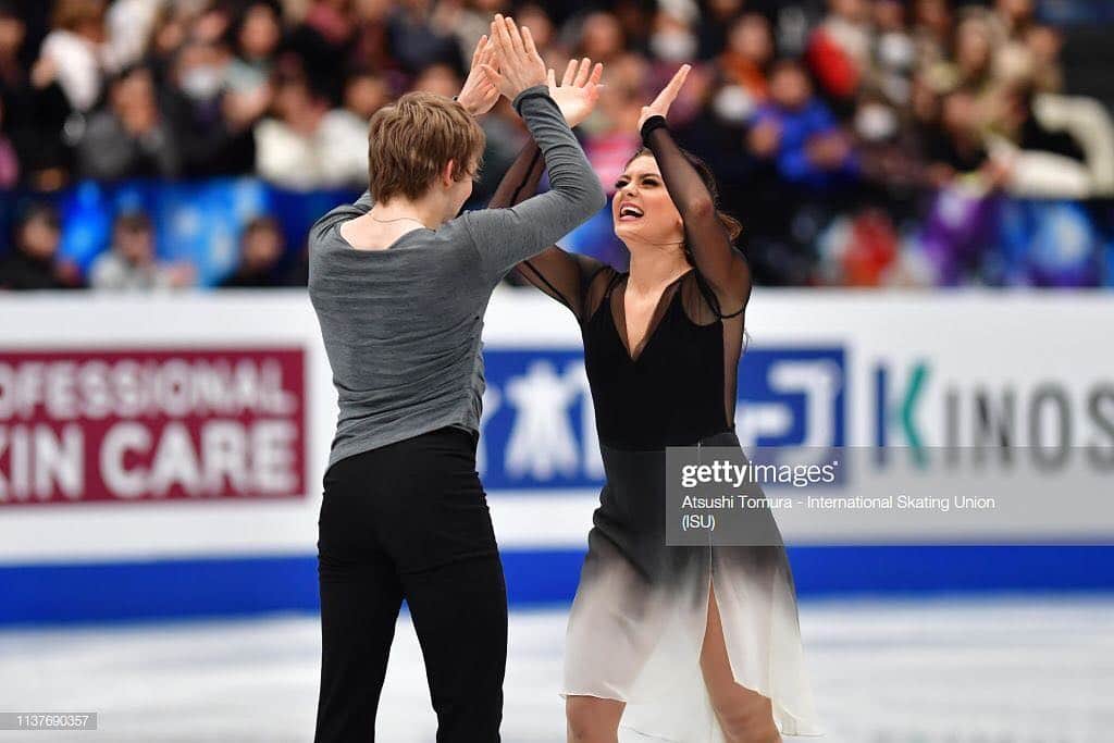 ジャン＝リュック・ベイカーのインスタグラム：「This is the moment we train so hard for. It’s pictures like these that make me cherish so many memories of my skating. Getting to share them @kait_hawayek is even more special. Her face shows it all and I’ve got the best seat in the house! Thank you, Saitama for yet another unforgettable experience. #hawayekbaker #EPMISS #gadbois #teamGadbois #teamUSA #moments #celebrate #inthisshirt #WorldFigure」