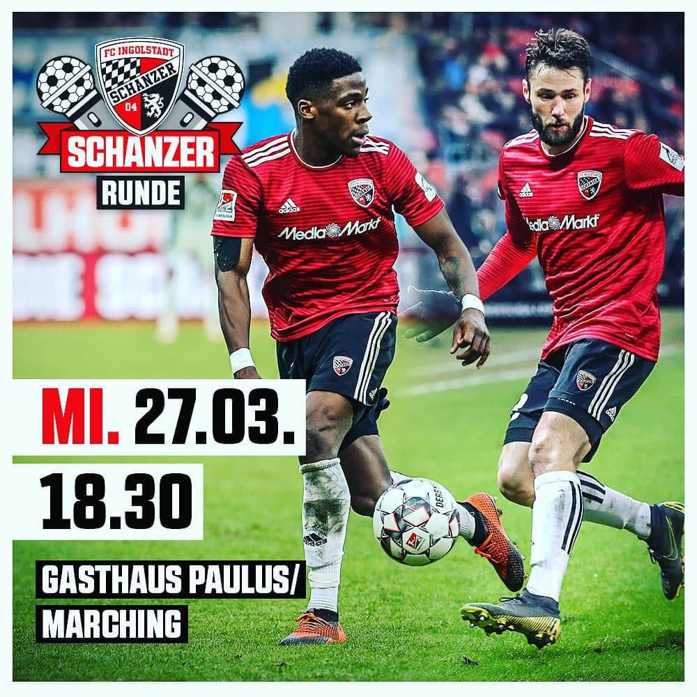 FCインゴルシュタット04さんのインスタグラム写真 - (FCインゴルシュタット04Instagram)「⚠️ #Schanzer Runde Teil 3 🖤❤️ Kommt vorbei im Gasthaus Paulus (Marching) 🍗🍴 @christiantraesch & @freddyananou sprechen über den steinigen Weg zum Profi ⚽️🔥Dazu gibt's für jeden Teilnehmer zwei Freigetränke bei der entspannten Stammtisch-Talkrunde 🤩🍻 #Zamrückrunde #FCI #SchanzerRunde」3月27日 0時07分 - dieschanzer