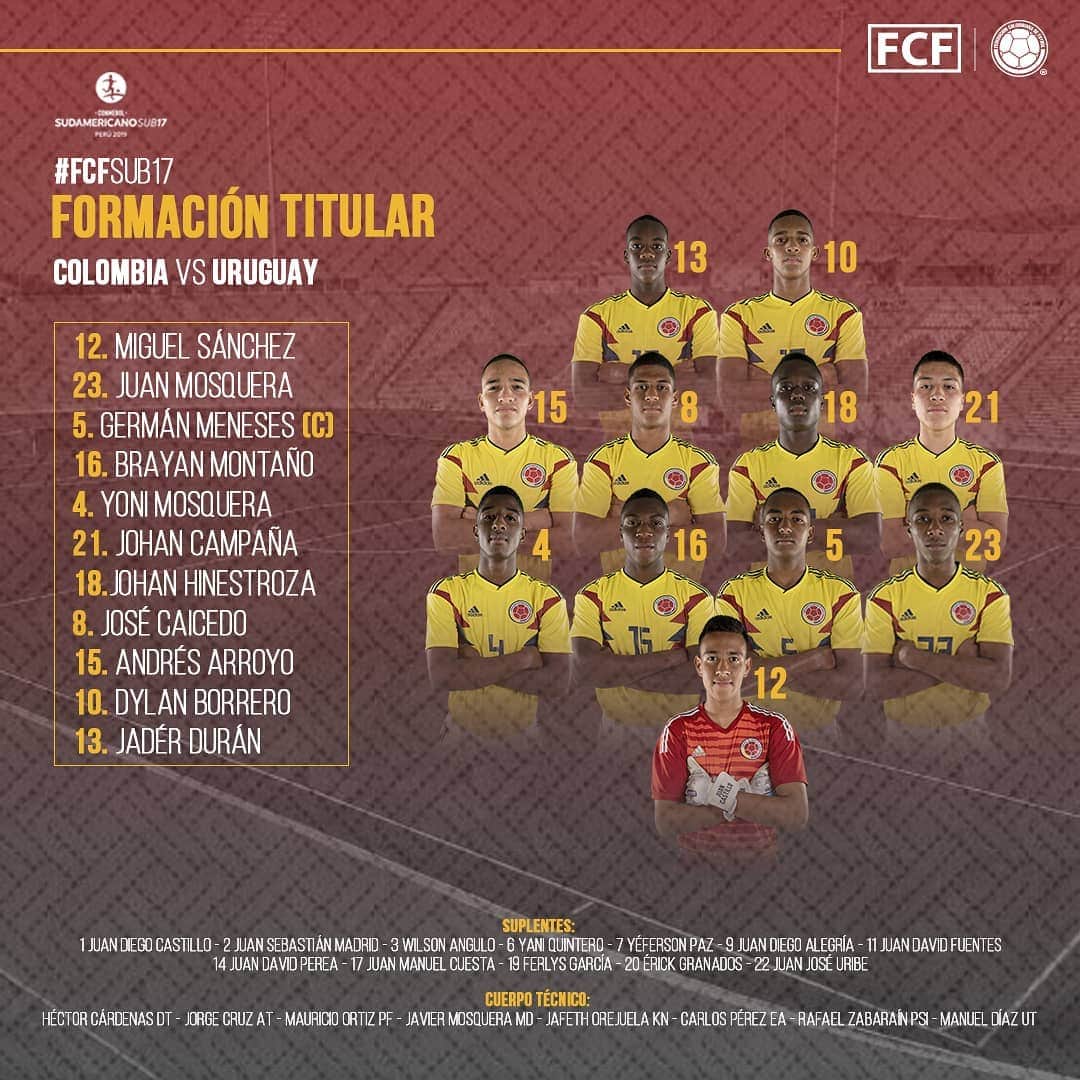 サッカー コロンビア代表チームのインスタグラム：「#MasculinaSub17  Hoy nuestra @fcfseleccioncol Masculina Sub-17 afronta su segundo encuentro del @sub17peru2019 ante @aufoficial. Sigue las emociones desde las 5:10pm por @golcaracol HD2 y golcaracol.com.  #Sub17Perú #COLURU」