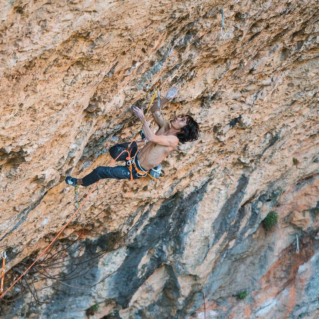 のインスタグラム：「I sent Stoking the fire yesterday! Since my last trip to this massive cave last December, this route was burning in me. I trained for 3 month because I wasn’t training my physical for long time.  It worked pretty well on the route. But after twice heartbreaking fall on the middle part, I noticed I am not prepared for this super long steep wall. I continued to adapt and adjusting in the route. And finally it happened!  ついに昨日、Stoking the fire を完登しました！昨年末のサンタリーニャツアーからこのルートはずっと僕の中で燃え続けていました。それから約3ヶ月間ずっと離れていたフィジカルトレーニングにも励み、このツアーを迎えました。その成果あり、最も難しいパートは2度越えるものの、その後のセクションで心折れるフォール。自分の肉体がこの巨大なケイブを登る準備が整っていないことに気づきました。しかしルートへの順応と細かな調整を繰り返し、ついに完登が訪れました！ Thanks a lot for find out and all the developing @chris_sharma  Thanks a lot for support @climbparkbasecamp @hide9a2019 @kayaowl @ciaoandreacossu  Sponsors @petzl_official @adidasterrex @fiveten_official  Photo by @jon_cardwell」