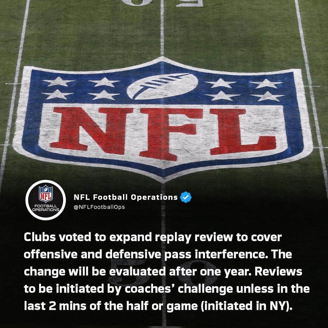 NFLさんのインスタグラム写真 - (NFLInstagram)「NFL owners vote to make offensive pass interference, defensive pass interference and non-calls subject to review for the 2019 season. (via NFLFootballOps/TW)」3月27日 9時37分 - nfl
