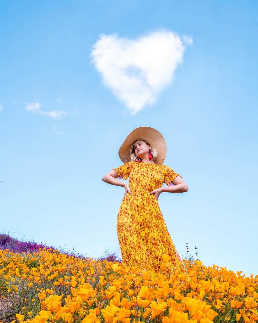 リズ・チェルカソワのインスタグラム：「Create your own reality.  I started my blog 10 years ago. A long lost time before YouTube stars and Instagram were a thing and receiving a gifting package from American Apparel was a sign that you’ve “made it”. I started my blog while in my last year of college as a creative outlet at a time when my whole world revolved around preparing for grad school. Rather quickly I discovered that my blog offered me an opportunity at something impossible within the world of academia. My blog gave me the opportunity to create my own reality, a way of seeing the world that was all my own. This was and still is the intent with my instagram and with the content I create. I want to share with you my perception of reality, and yes it’s filled with pretty dresses, heart shaped clouds and flower crowns, but it’s also filled with 2:00am donut runs, a deep love of heavy metal, and a lot of dog hair. DISCLAIMER: This photo was not taken at the actual superbloom. This was taken at a freeway on-ramp a few exits over. Both me and my photographer (husband) are standing on clearly marked pathways. No flowers were harmed in the making of this image.」