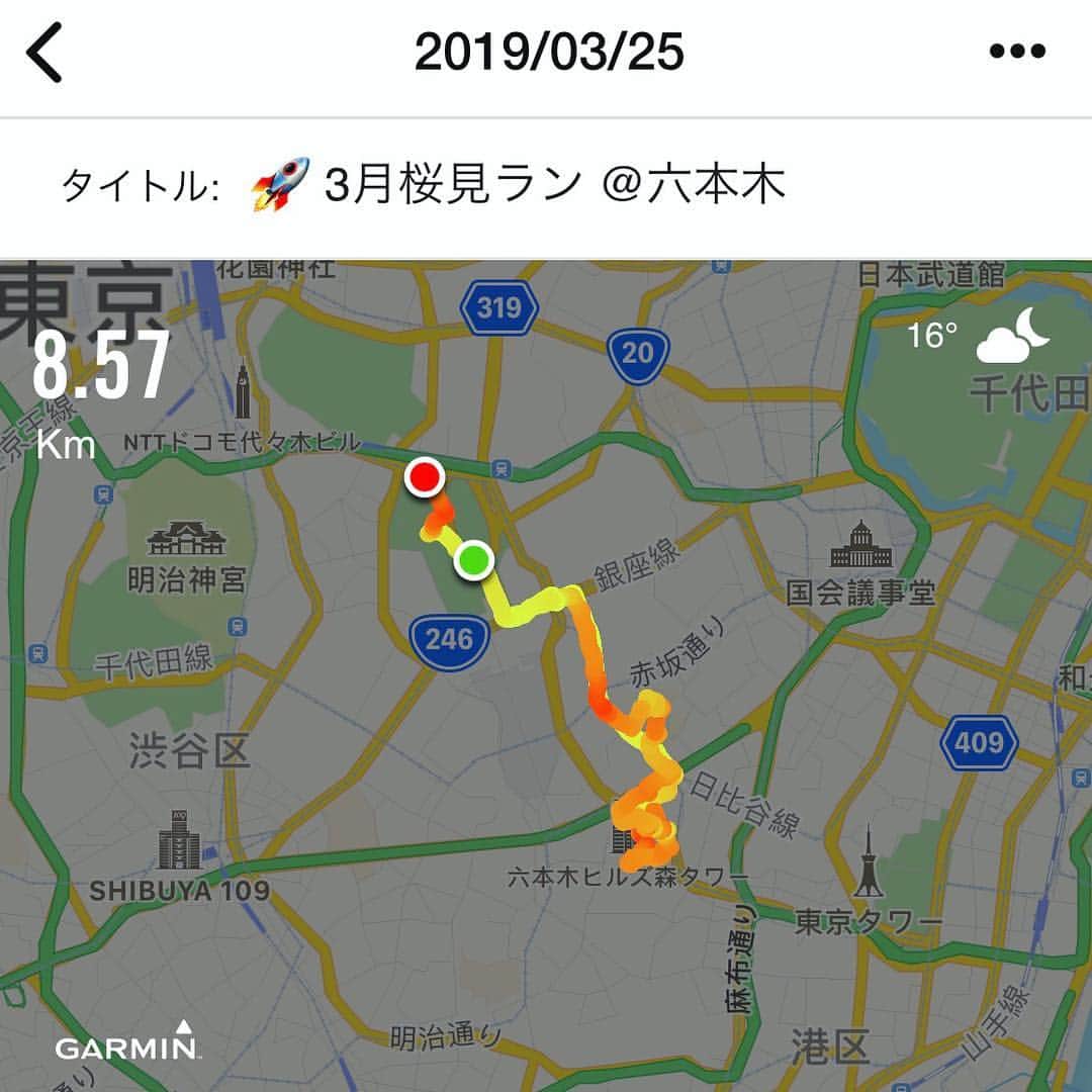 run+さんのインスタグラム写真 - (run+Instagram)「#スカロケランニング部 #3月の定例ラン サマディー → 六本木ヒルズ → 毛利庭園 → ミッドタウン をぐるっと8.57km ・ 六本木ヒルズ裏のひっそり桜並木、毛利庭園の水面に映る夜桜、ミッドタウンガーデンからライトアップで華やかに浮かび上がる桜並木。 咲き始めた様々な表情の桜を感じながら走る春の夜。 桜を見て話しながらお花見気分で #月曜から夜ラン ・ #スカイロケットカンパニー はラジオの中の会社 #東京FM 80.0 月曜－木曜毎17:00-19：52 公式サイト https://www.tfm.co.jp/sky/ APP 【ラジコ】タイムフリーで24時間OK📻 #SkyrocketCompany #tokyofm #tfm #ラジオ #ラジオラバー #RadioLover #スカロケランニング部 はリスナー社員で結成したランニング部 入部はスカロケリスナー社員であることのみ！ 毎月ゆるっと定例ランやってます👟✨ 今までの様子は #スカロケランニング部 で検索 入部はダイレクトメッセージにて、お待ちしてます🙋 ＊＊＊非公式グループなので秘書は来ません＊＊＊ ・ #街ラン #街RUN #ゆるラン #イルミラン #ラン詣 #ランニング #ラン #仕事の後に走る #街ランの楽しみ方 #RunLovesLife #ランニング女子 #ハシリマスタグラム #走るひと ・ #桜 #🌸 #夜桜 #お花見 #桜散歩 #花見ラン」3月27日 11時20分 - runplus