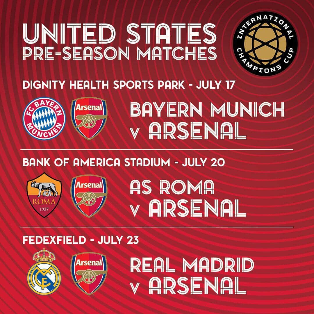 アーセナルFCさんのインスタグラム写真 - (アーセナルFCInstagram)「🇺🇸 We’re heading to the USA for the @intchampionscup this summer #ICC2019 #Arsenal #RealMadrid #Roma #USA #🇺🇸」3月27日 23時18分 - arsenal