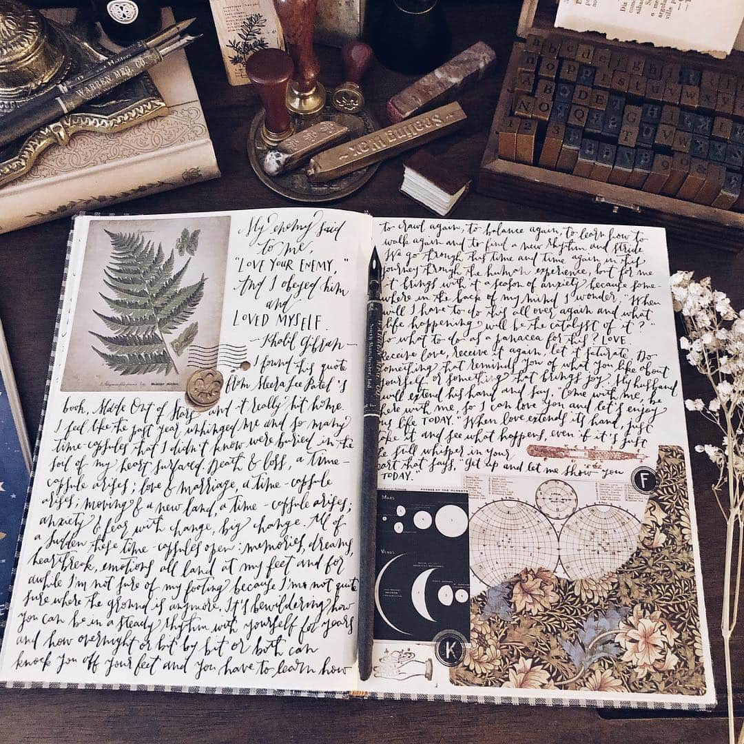 Catharine Mi-Sookさんのインスタグラム写真 - (Catharine Mi-SookInstagram)「A personal journal page peek. It’s bewildering when life shakes the ground and the steady rhythm once enjoyed for years seems to have slipped beneath the cracks. The past year unhinged me in this way. With extremes from one spectrum to the other and a hearty mix in between. I wasn’t use to that. Not for a long enough while at least. Life had been gentle and steady and comfortable. And I had had enough adventures for a lifetime under my belt already, so comfortable didn’t bother me. But death and loss arrived. Unexpectedly. My dad. My Dynamite Awesome Dad. It’ll be a year since he walked on in a few weeks. Thoughts, memories, heartache, gratitude, flux, the missing, the love, the spaces in between. Yeah, there is no segue from this thought to the next. So, moving on, a dream transpired. Literally and metaphorically speaking. Fate, mystery and a miracle. I married my love. We met long ago, there was a dream, we made a promise, we kept that promise. I’ll never forget that one day at the airport. A favorite moment that I’ll never be able to replay enough. Then a trek, a move and a new land. Beautiful, wild, foreign, exciting and also “who am I here?” But the calm of winter, that season so typically shunned, what a welcome relief of stillness needed for my soul. Cleansing, quiet, restful. Now the earth awakens again in spring and new life, growth, wings, and a new rhythm. And sometimes anxiety too: “When will the earth shake again? Please not anytime soon. Or ever.” The answer? I don’t know. But I do know this: my husband will extend his hand to me often, in the start of a day, and say, “Take my hand, let me love you, come let’s enjoy our life today.” I think that’s a glimpse of the Divine honestly. And It does it all the time too, often in our own hearts, perhaps in a whisper that says, “Get up, come with me, let me love you, let’s see what happens, it’ll be okay, let’s enjoy life today.” Let’s. . #journalpage #journaling #onmydesk #creativejournal #dailyjournal #meeraleepatel #pegandawl #dippen #calligrapher #penmanship #flatlaystyle #flatlays #loveforanalogue #stationerylover #handsinframe #franklinchristoph #fountainpenink #scrapbooklayout #thedailywriting」3月27日 16時04分 - catharinemisook